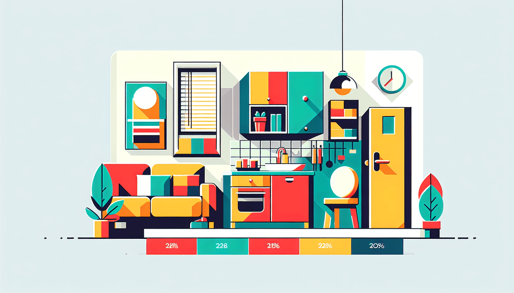 Rental space in flat illustration style and white background, red #f47574, green #88c7a8, yellow #fcc44b, and blue #645bc8 colors.