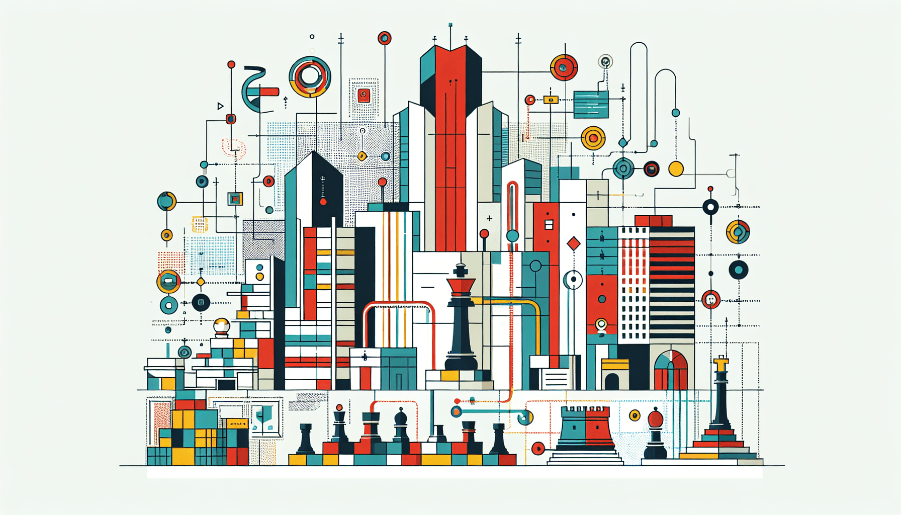 Business strategy -> Architecture in flat illustration style and white background, red #f47574, green #88c7a8, yellow #fcc44b, and blue #645bc8 colors.