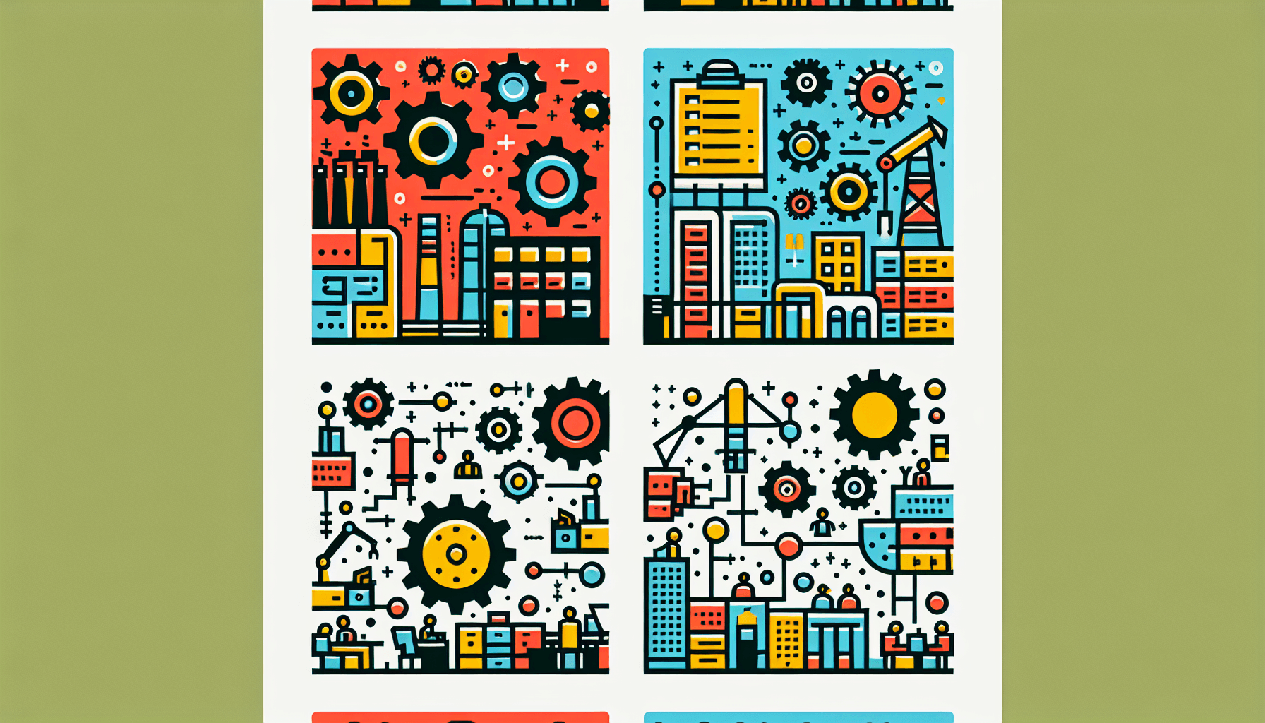 Industry patterns in flat illustration style and white background, red #f47574, green #88c7a8, yellow #fcc44b, and blue #645bc8 colors.