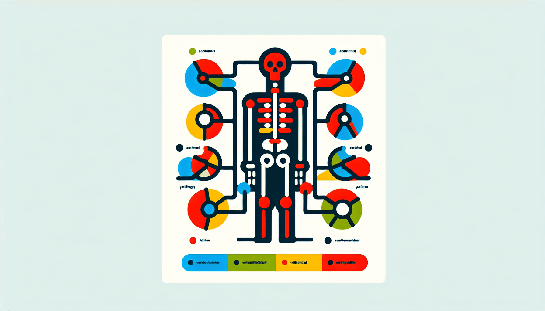 Business structure -> Skeleton in flat illustration style and white background, red #f47574, green #88c7a8, yellow #fcc44b, and blue #645bc8 colors.