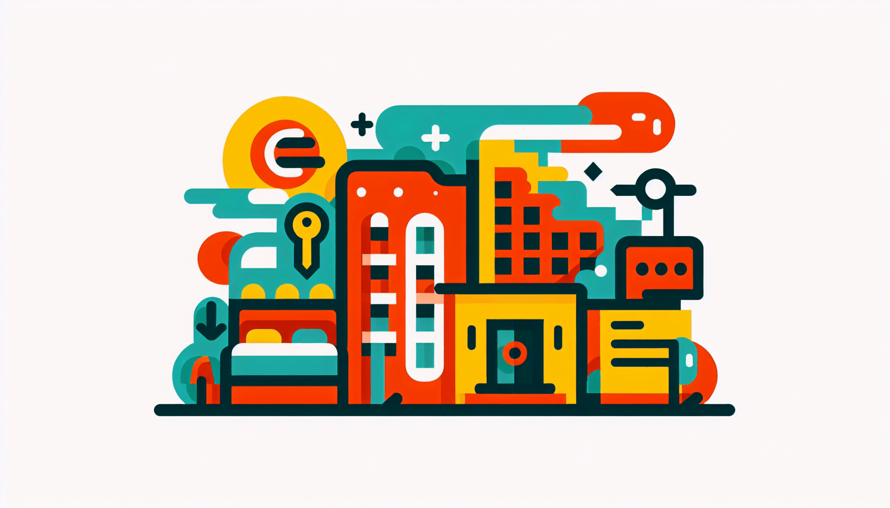 Accommodation platform in flat illustration style and white background, red #f47574, green #88c7a8, yellow #fcc44b, and blue #645bc8 colors.