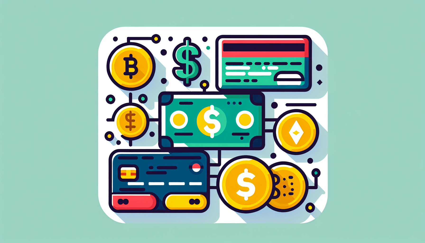 Revenue generation -> Currency in flat illustration style and white background, red #f47574, green #88c7a8, yellow #fcc44b, and blue #645bc8 colors.