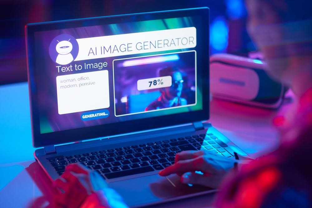 A woman uses an AI text-to-image generation tool for marketing purposes