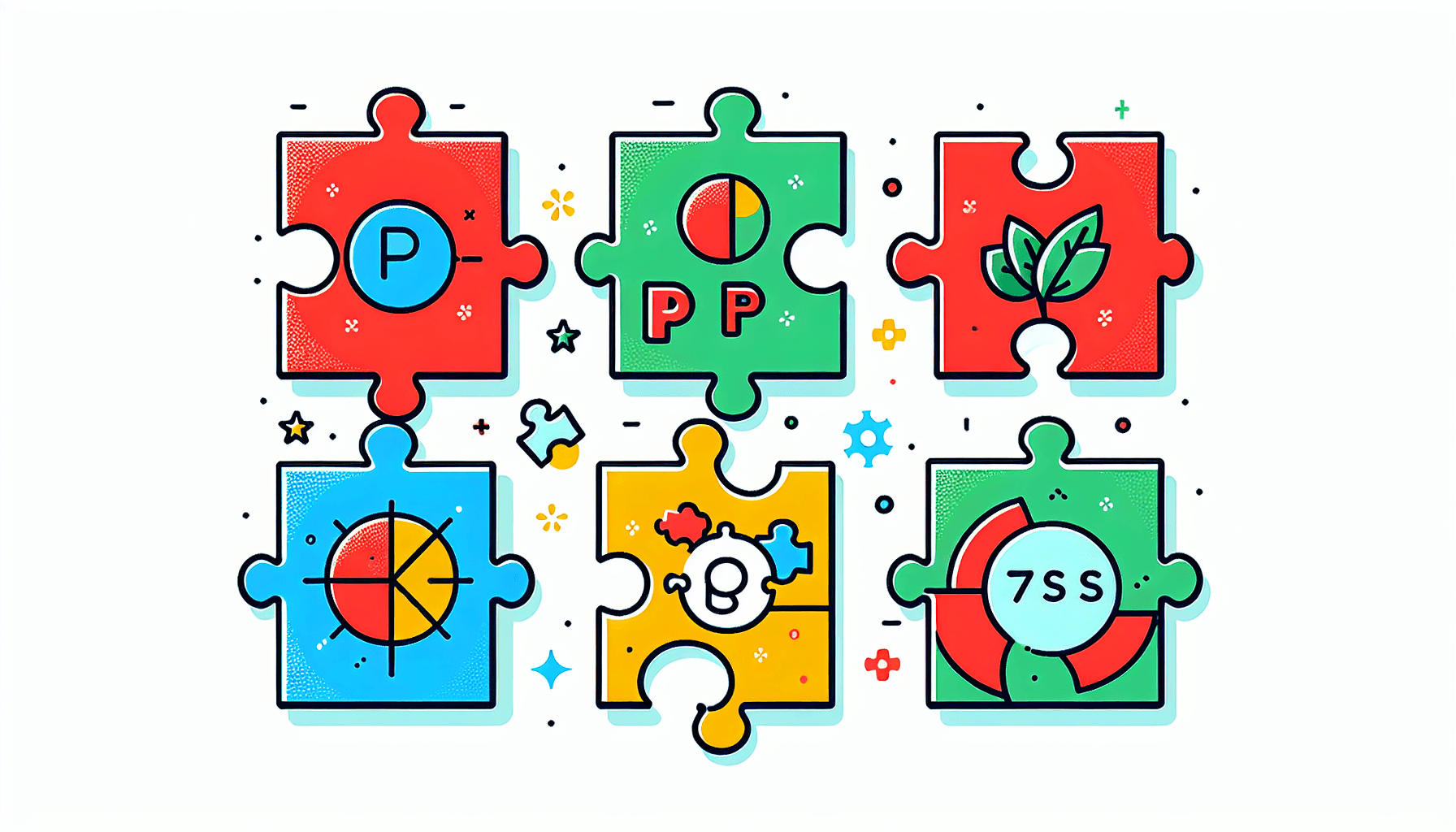 7Ps framework -> Puzzle in flat illustration style and white background, red #f47574, green #88c7a8, yellow #fcc44b, and blue #645bc8 colors.