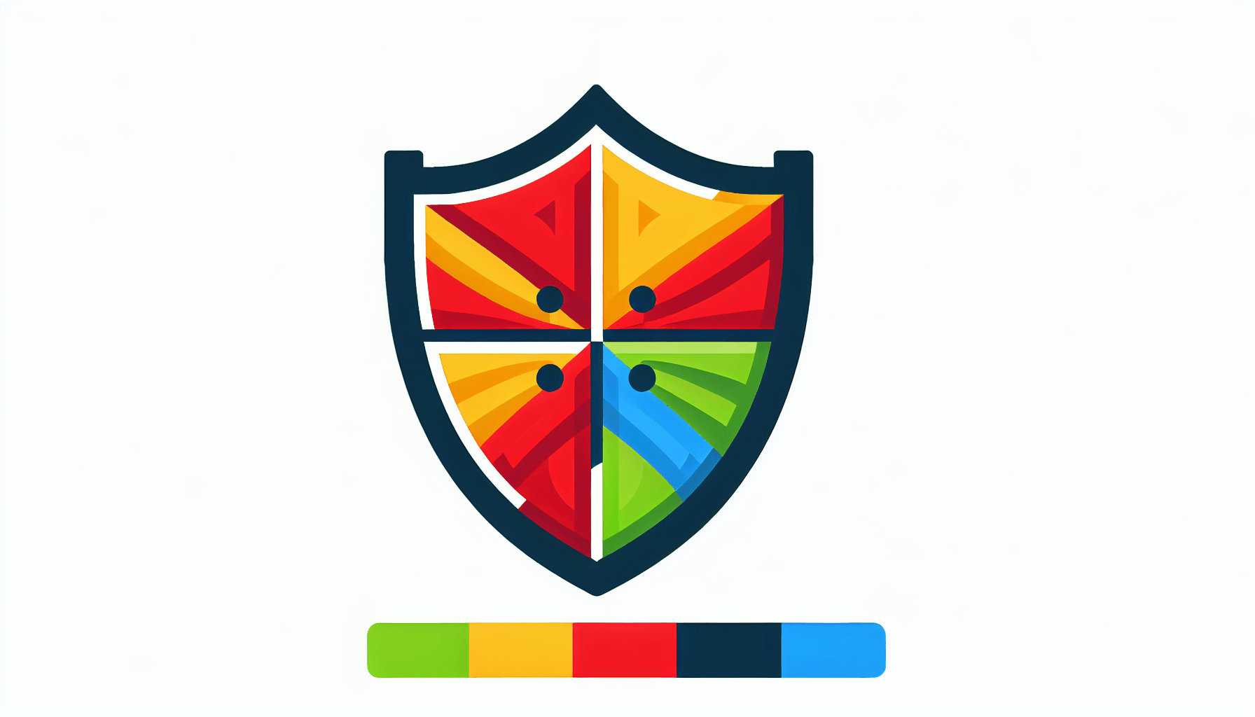 Competitive strategy -> Shield in flat illustration style and white background, red #f47574, green #88c7a8, yellow #fcc44b, and blue #645bc8 colors.
