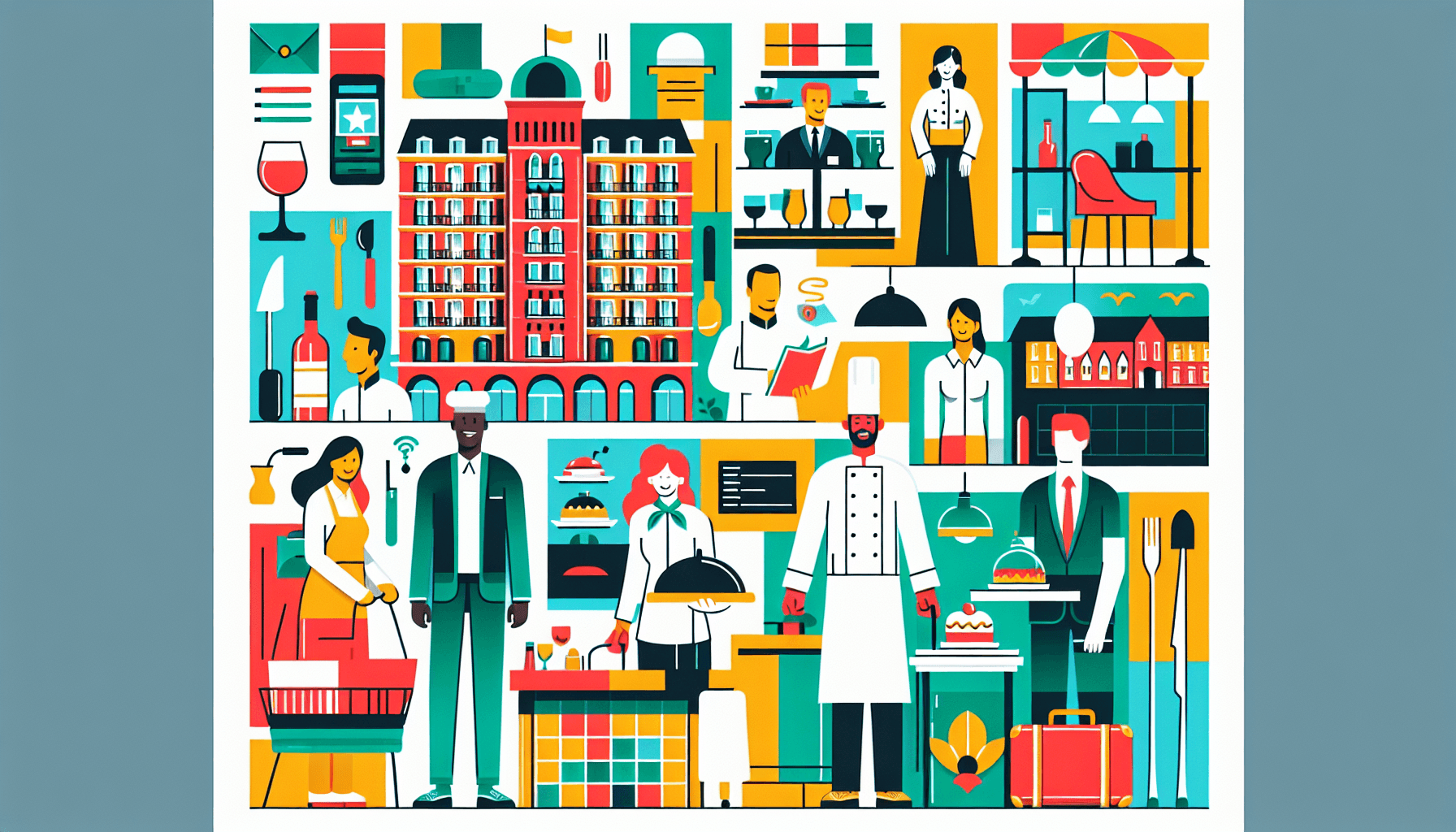 Hospitality sector in flat illustration style and white background, red #f47574, green #88c7a8, yellow #fcc44b, and blue #645bc8 colors.