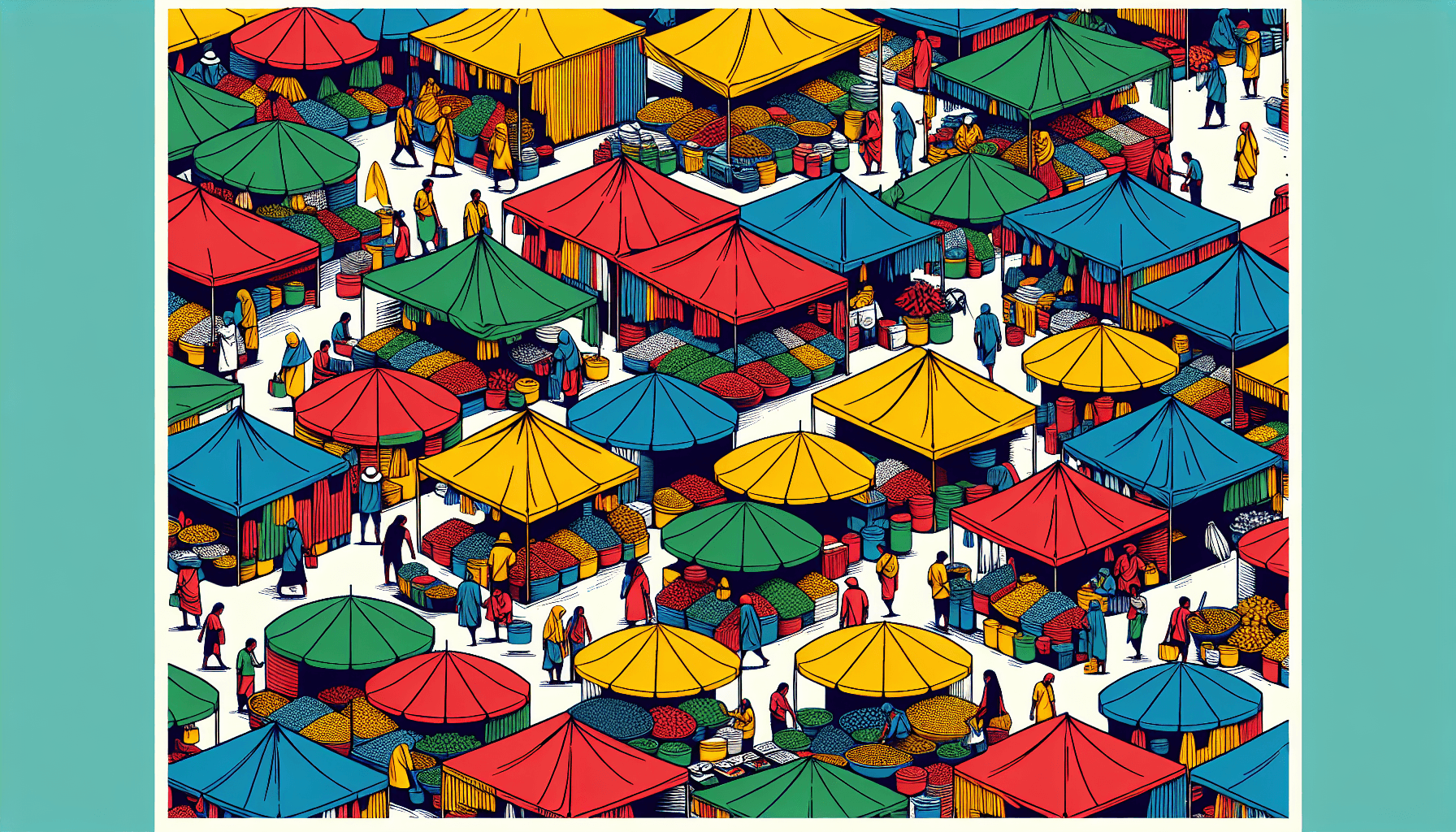 Market edge in flat illustration style and white background, red #f47574, green #88c7a8, yellow #fcc44b, and blue #645bc8 colors.