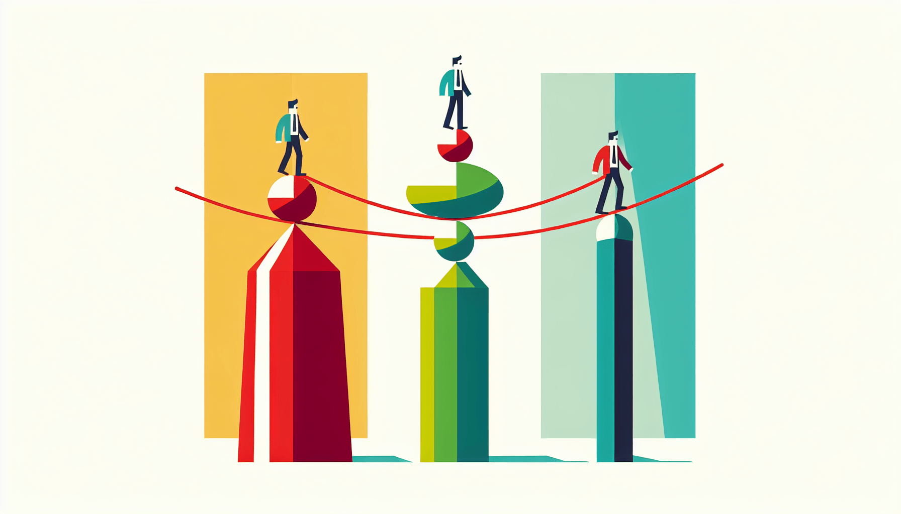 Profitability -> Tightrope in flat illustration style and white background, red #f47574, green #88c7a8, yellow #fcc44b, and blue #645bc8 colors.