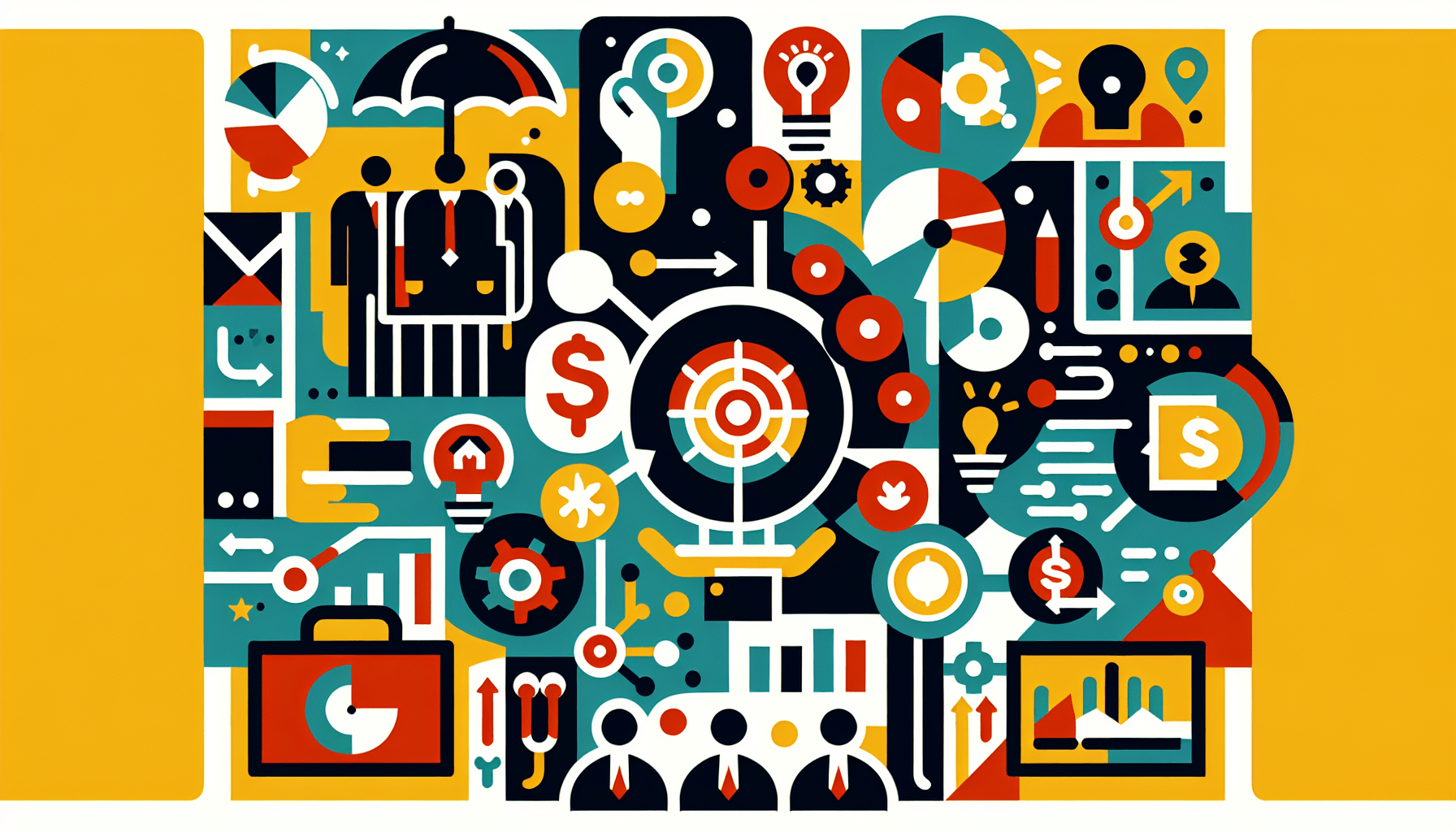 Business type -> Category in flat illustration style and white background, red #f47574, green #88c7a8, yellow #fcc44b, and blue #645bc8 colors.