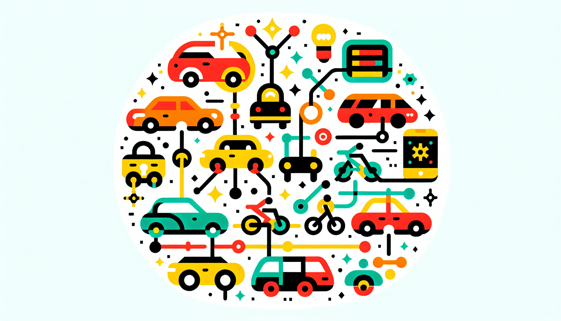 Ride-sharing network in flat illustration style and white background, red #f47574, green #88c7a8, yellow #fcc44b, and blue #645bc8 colors.