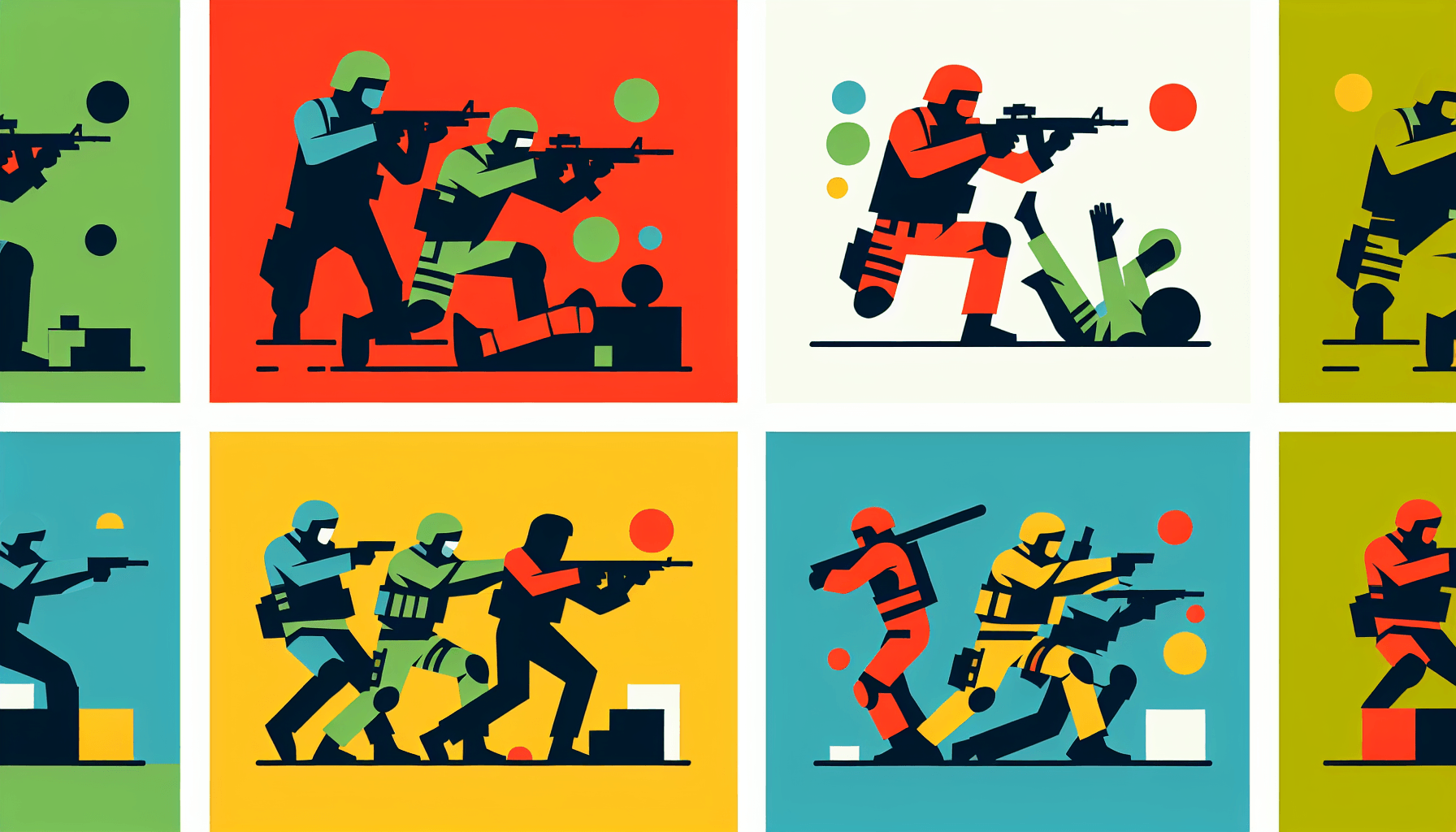 Movimientos tácticos en estilo de ilustración plana y fondo blanco, colores rojo #f47574, verde #88c7a8, amarillo #fcc44b y azul #645bc8.