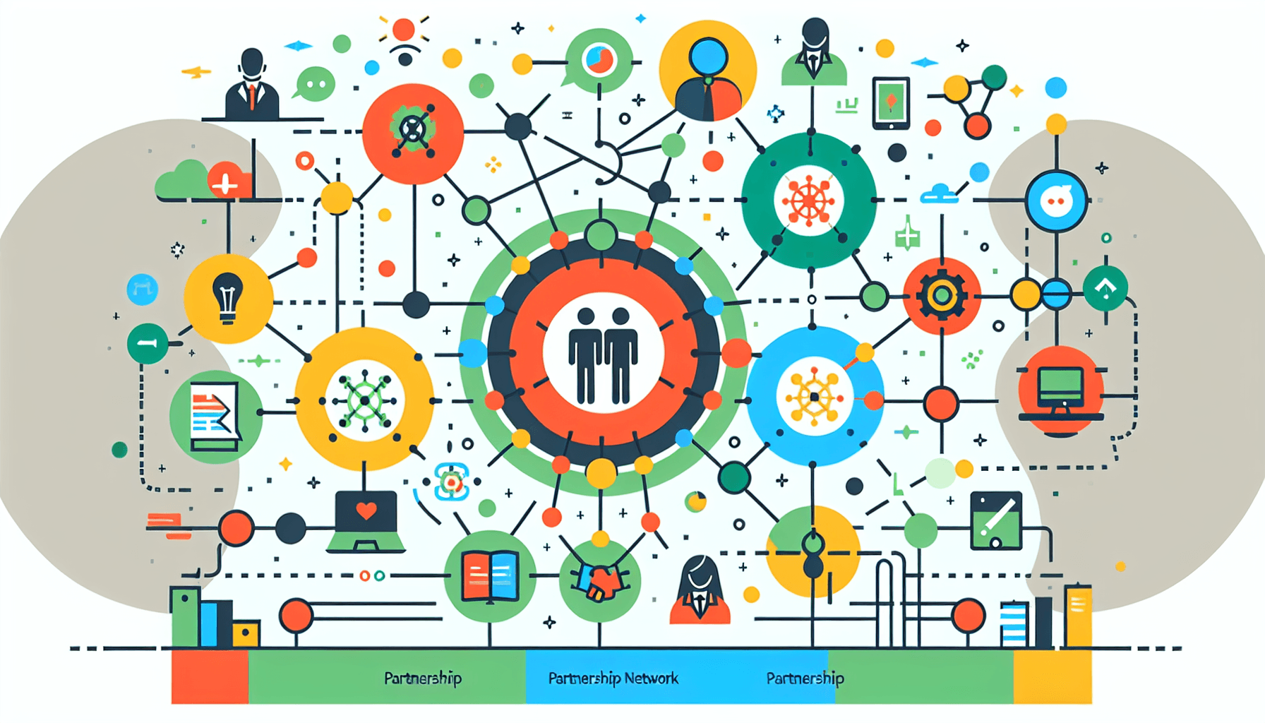 Partnership network in flat illustration style and white background, red #f47574, green #88c7a8, yellow #fcc44b, and blue #645bc8 colors.