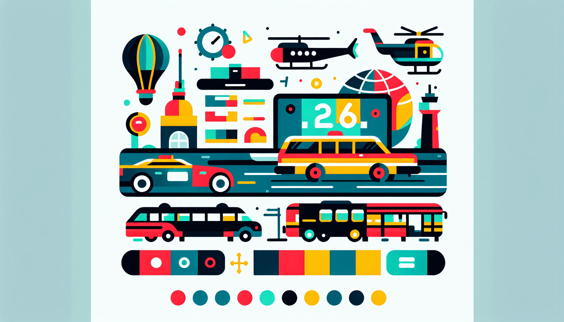 Transport services in flat illustration style and white background, red #f47574, green #88c7a8, yellow #fcc44b, and blue #645bc8 colors.