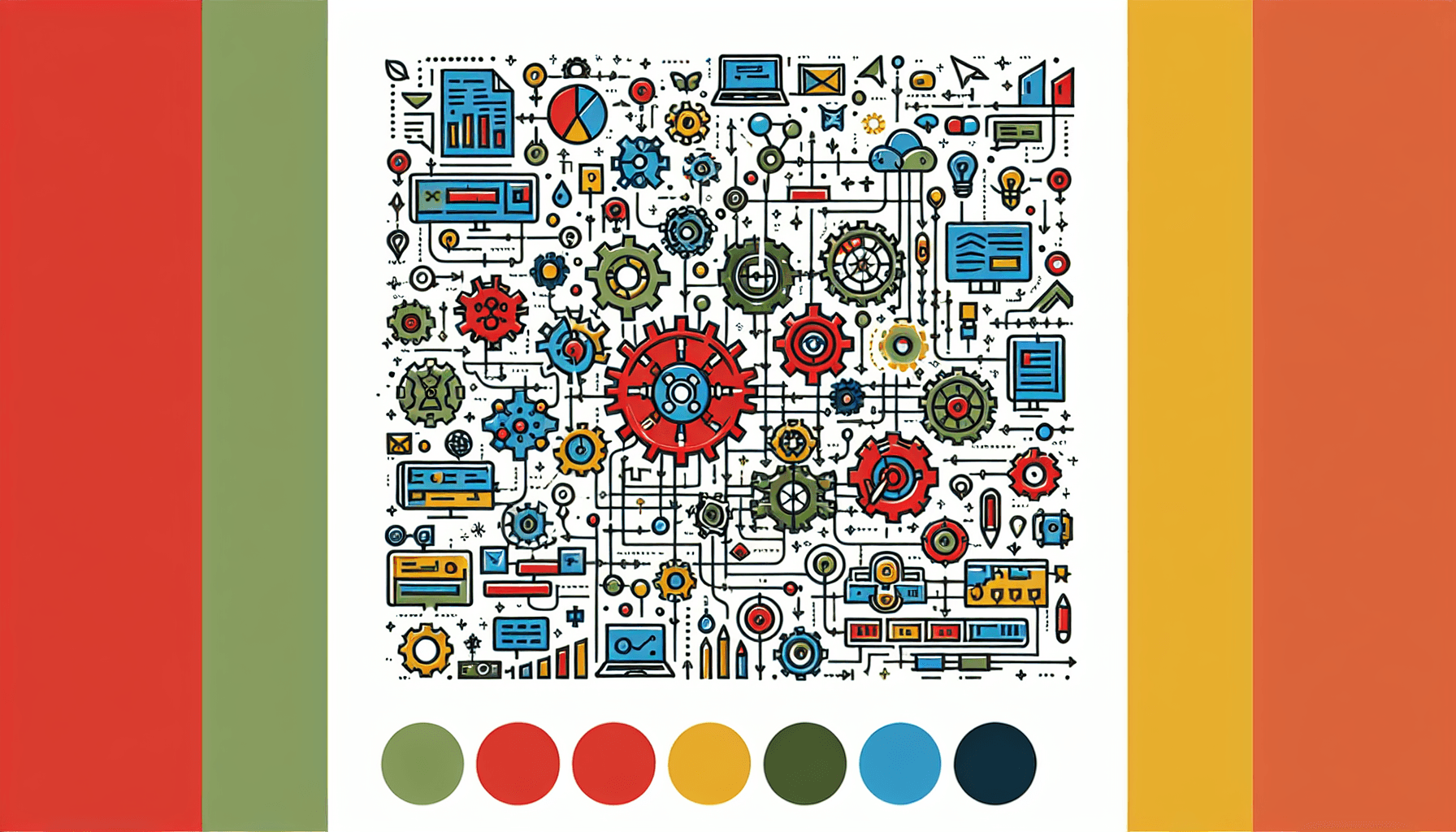 Business structure -> Blueprint in flat illustration style and white background, red #f47574, green #88c7a8, yellow #fcc44b, and blue #645bc8 colors.