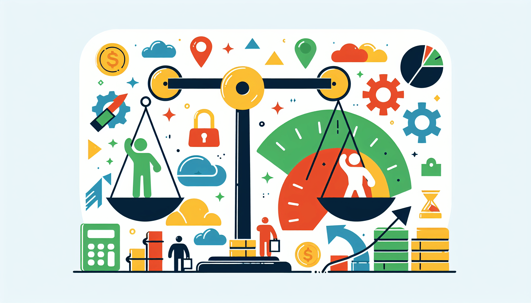 Competitive leverage in flat illustration style and white background, red #f47574, green #88c7a8, yellow #fcc44b, and blue #645bc8 colors.