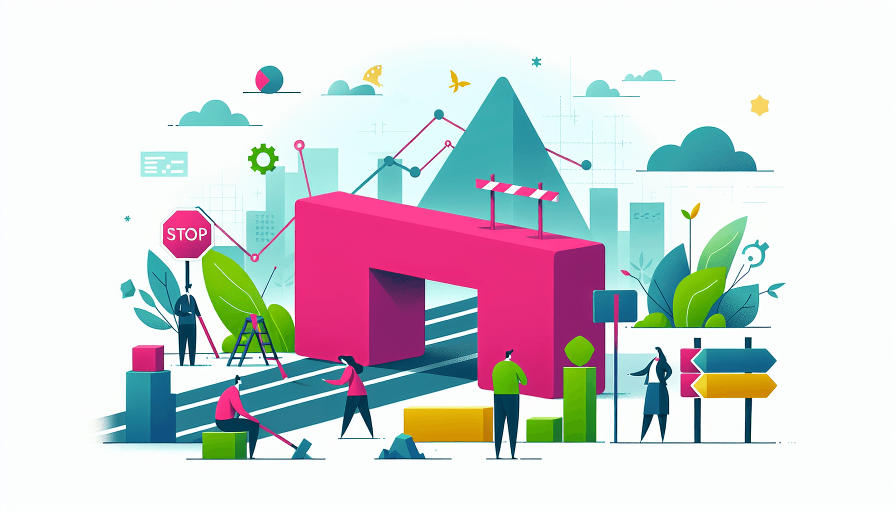 Business challenge -> Roadblock in flat illustration style and white background, red #f47574, green #88c7a8, yellow #fcc44b, and blue #645bc8 colors.