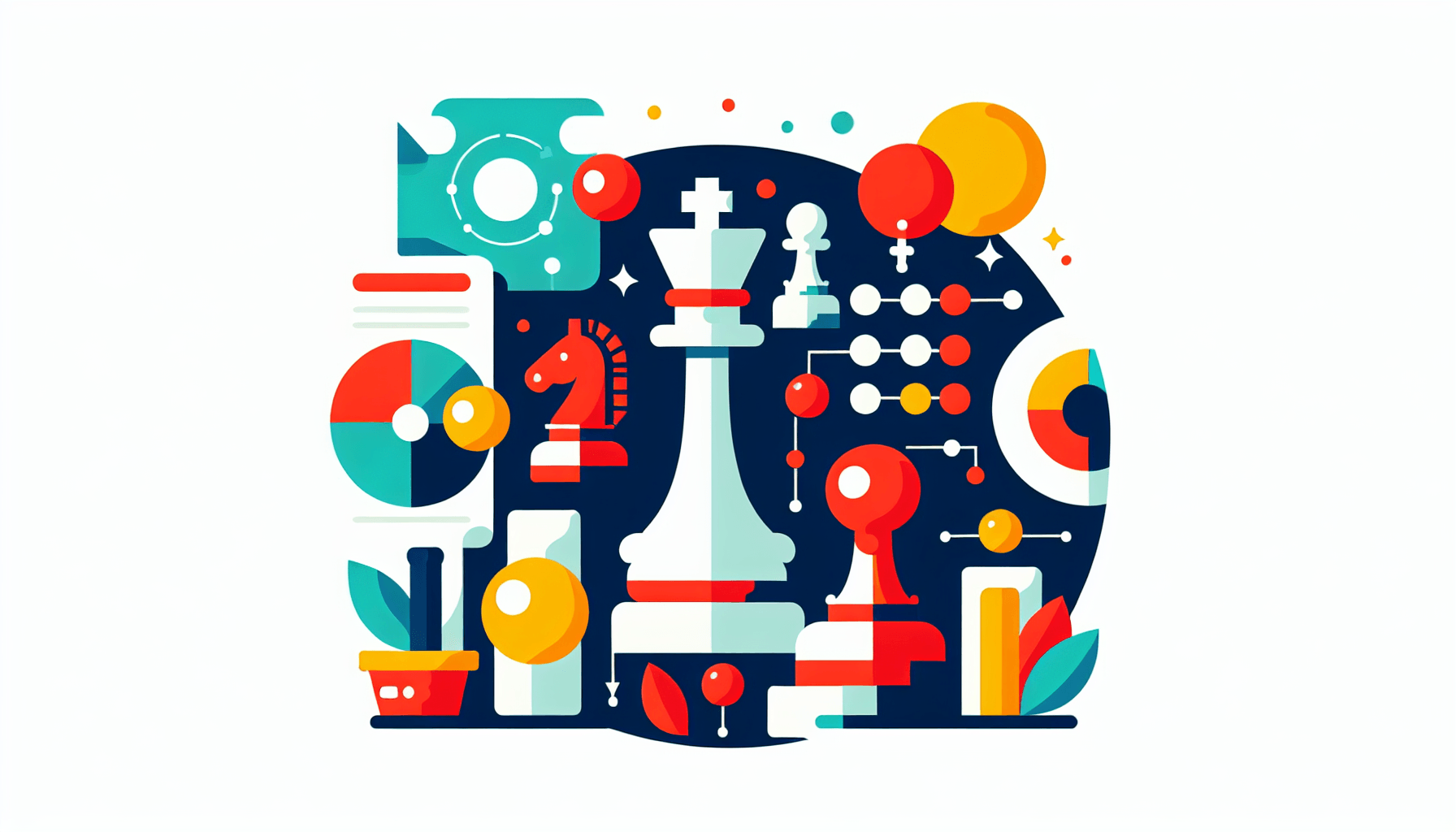 Strategic initiative in flat illustration style and white background, red #f47574, green #88c7a8, yellow #fcc44b, and blue #645bc8 colors.