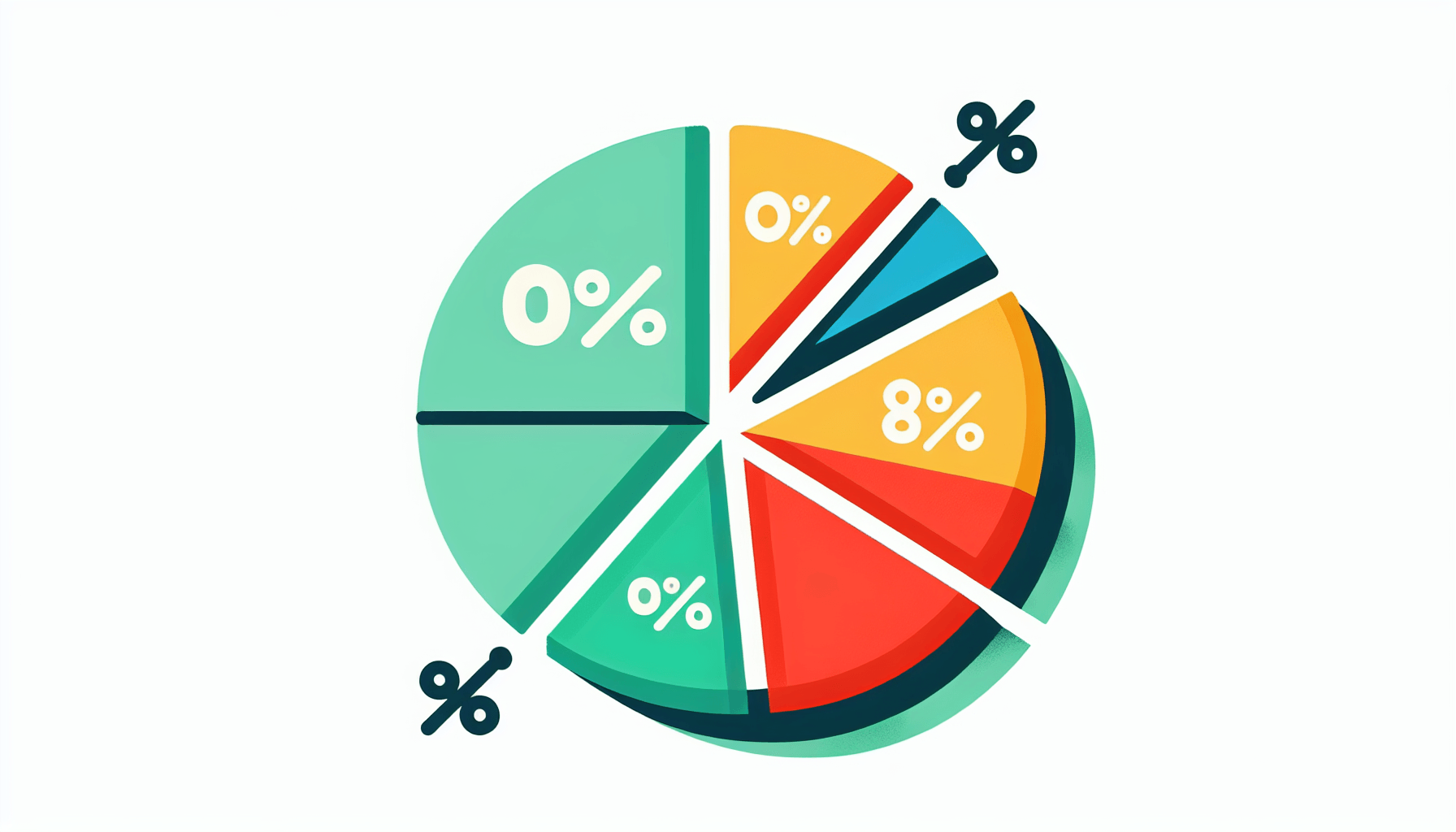 Percentage -> Slice in flat illustration style and white background, red #f47574, green #88c7a8, yellow #fcc44b, and blue #645bc8 colors.