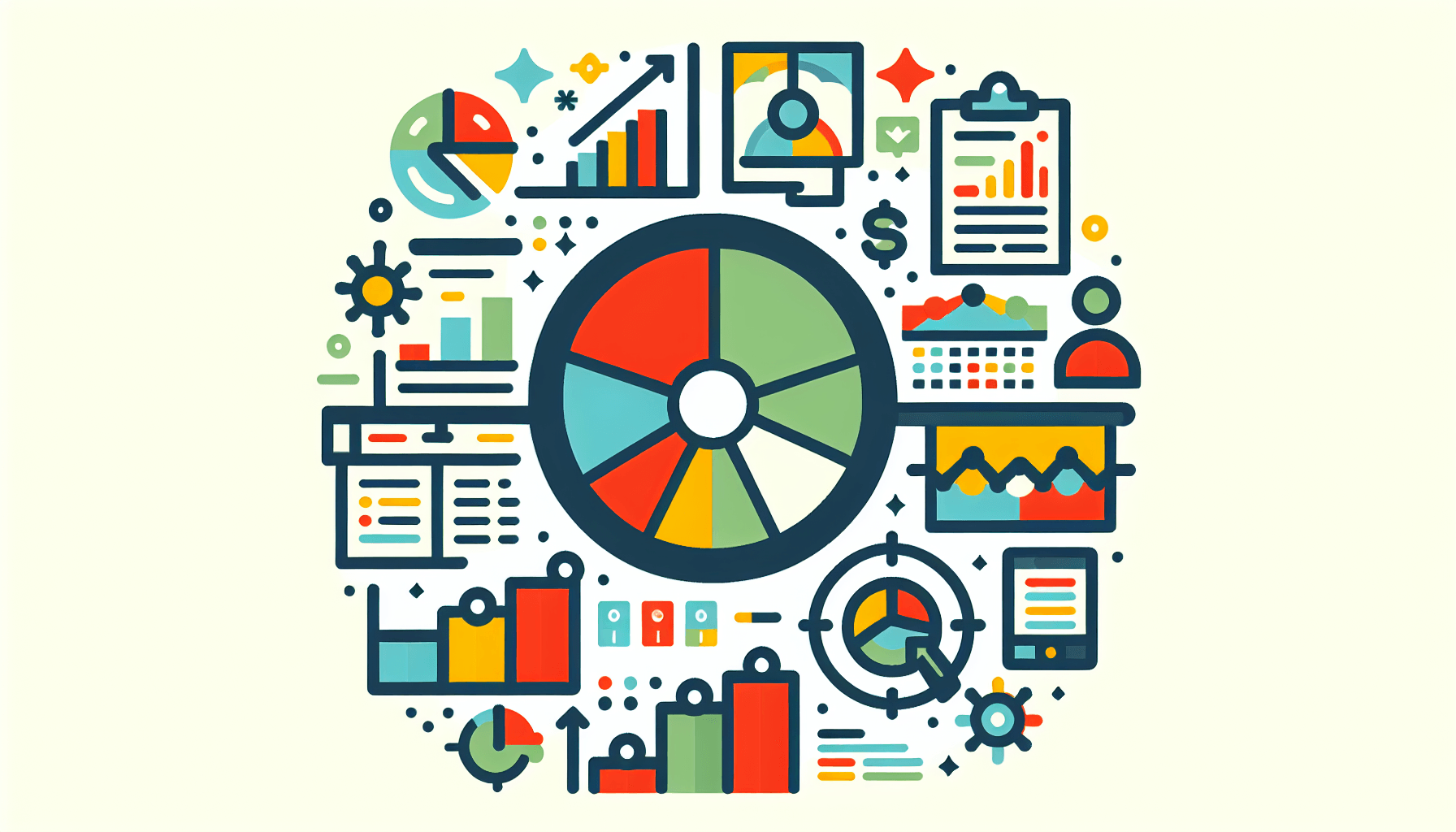 Business model analysis -> Examination in flat illustration style and white background, red #f47574, green #88c7a8, yellow #fcc44b, and blue #645bc8 colors.