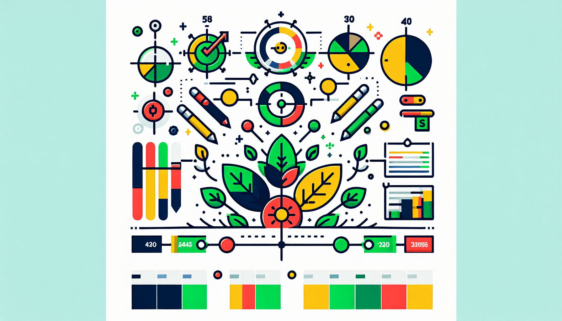 Growth plan in flat illustration style and white background, red #f47574, green #88c7a8, yellow #fcc44b, and blue #645bc8 colors.