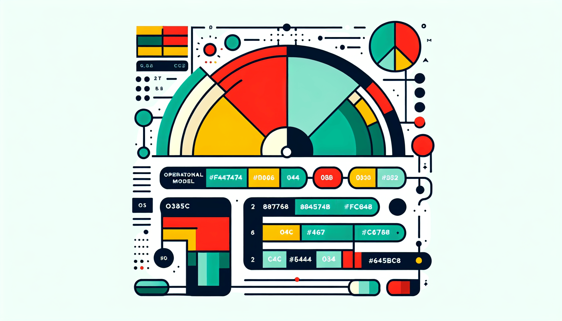 Operational model in flat illustration style and white background, red #f47574, green #88c7a8, yellow #fcc44b, and blue #645bc8 colors.