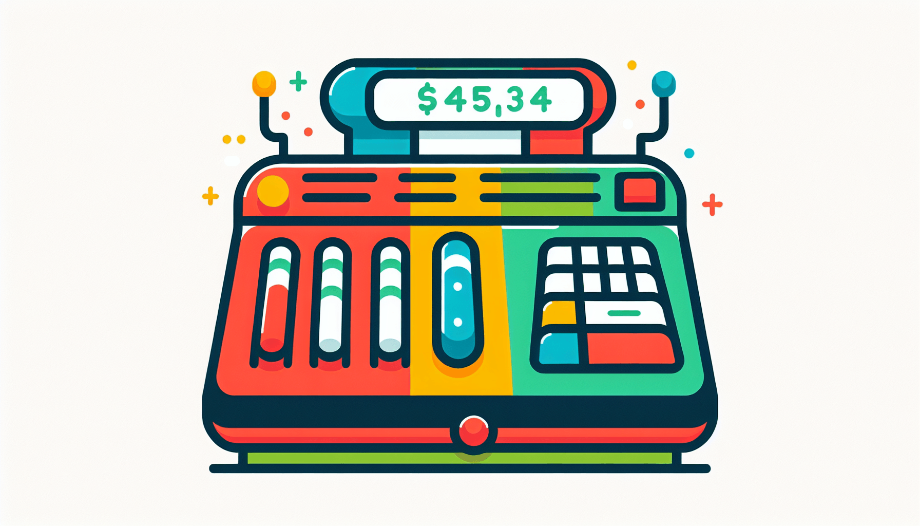 Klarna revenue -> Cash register in flat illustration style and white background, red #f47574, green #88c7a8, yellow #fcc44b, and blue #645bc8 colors.