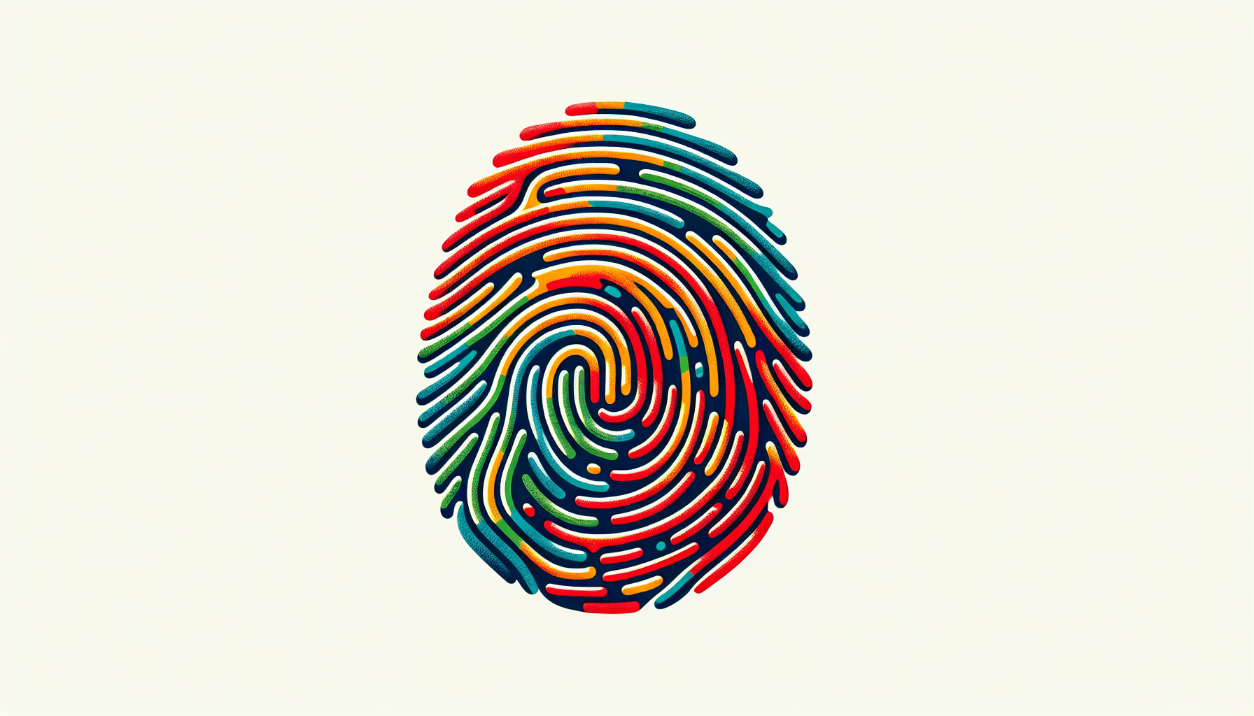 Uniqueness -> Unique fingerprint in flat illustration style and white background, red #f47574, green #88c7a8, yellow #fcc44b, and blue #645bc8 colors.