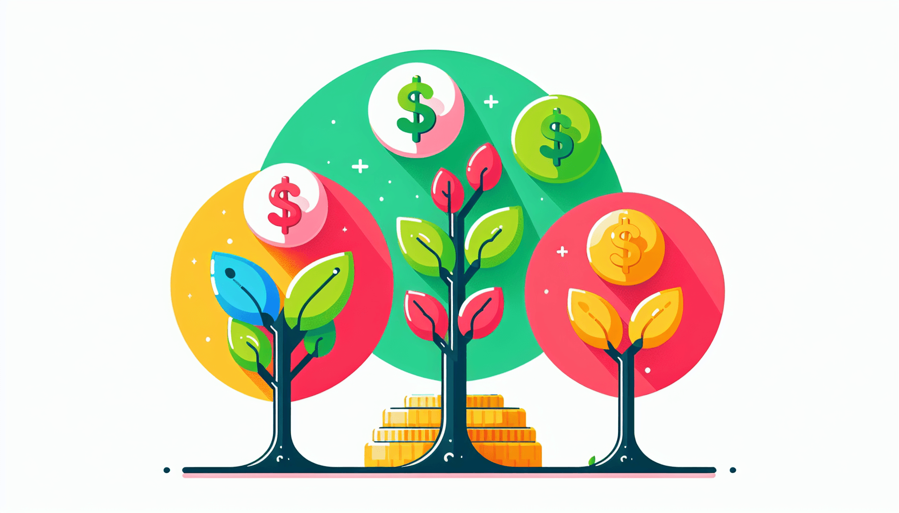 Money-making -> Growing tree in flat illustration style and white background, red #f47574, green #88c7a8, yellow #fcc44b, and blue #645bc8 colors.