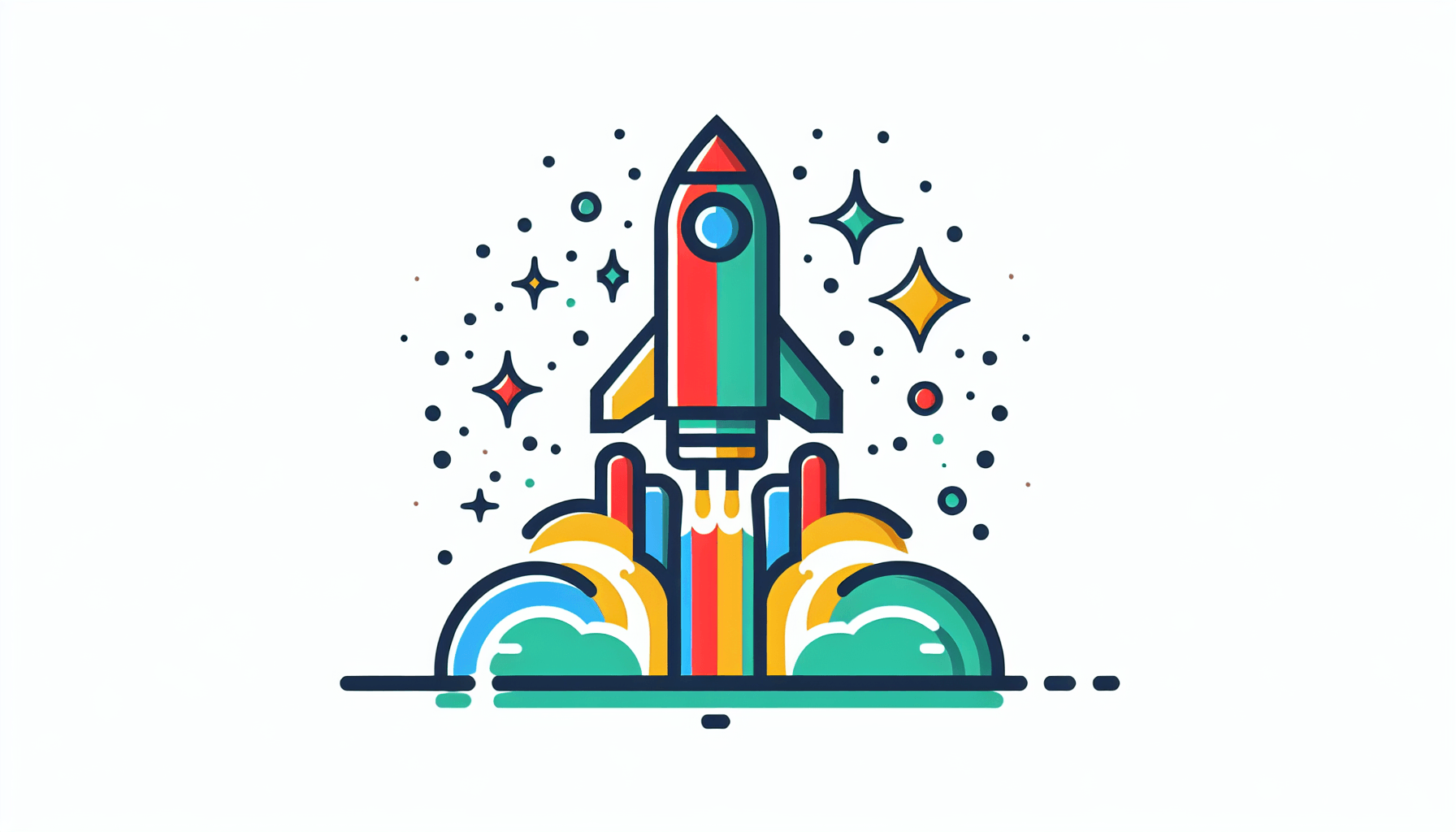 Klarna IPO -> Launch pad in flat illustration style and white background, red #f47574, green #88c7a8, yellow #fcc44b, and blue #645bc8 colors.