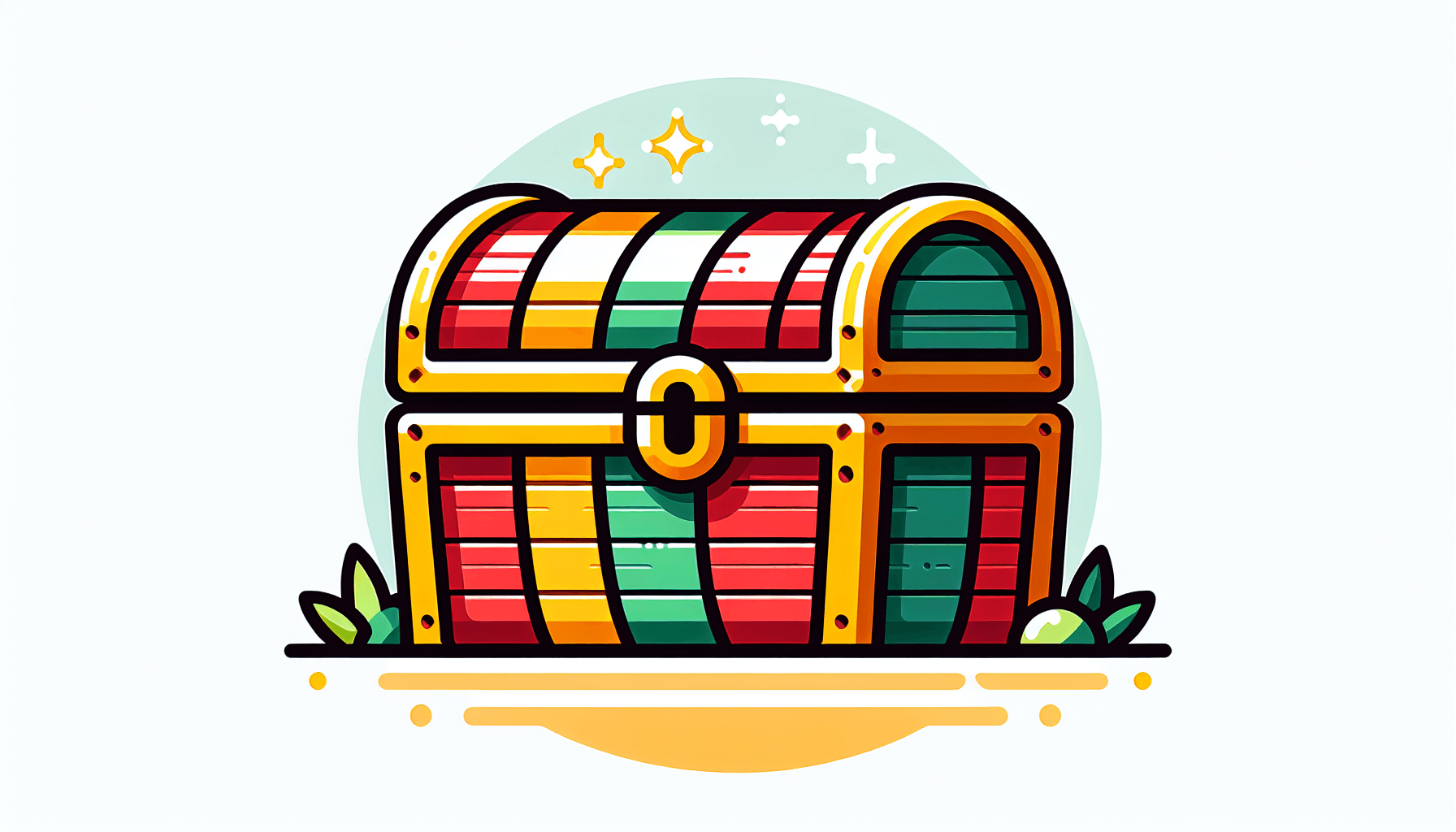 Klarna money -> Treasure chest in flat illustration style and white background, red #f47574, green #88c7a8, yellow #fcc44b, and blue #645bc8 colors.