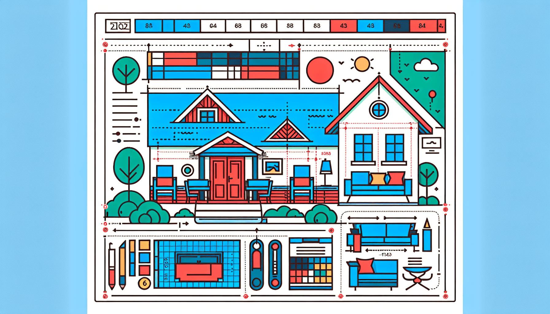 Housing -> Blueprint in flat illustration style and white background, red #f47574, green #88c7a8, yellow #fcc44b, and blue #645bc8 colors.