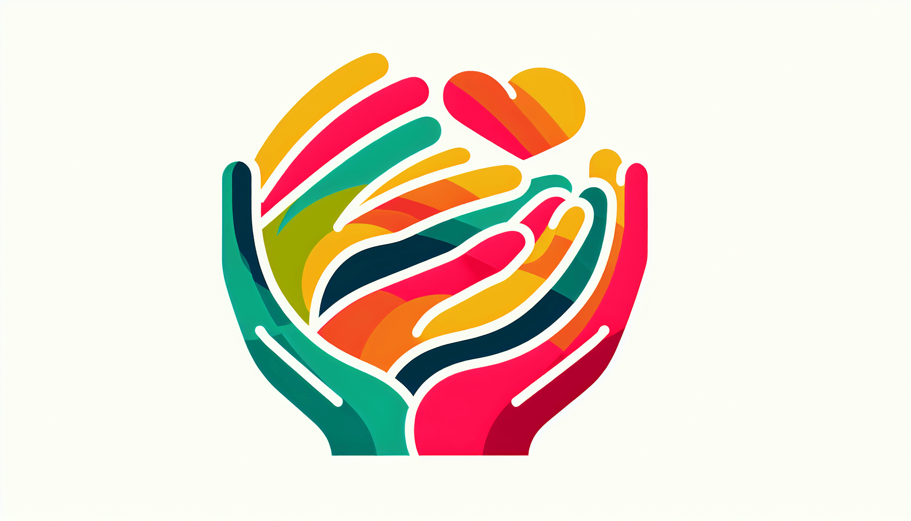 Elder care -> Gentle hands in flat illustration style and white background, red #f47574, green #88c7a8, yellow #fcc44b, and blue #645bc8 colors.