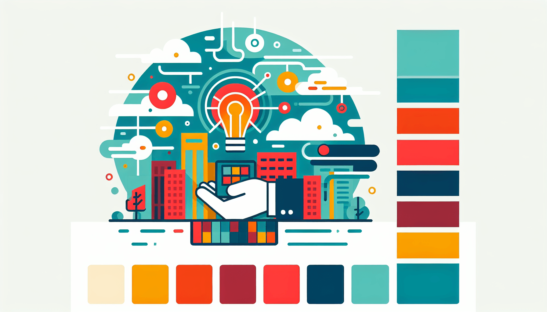 Innovation in flat illustration style and white background, red #f47574, green #88c7a8, yellow #fcc44b, and blue #645bc8 colors.