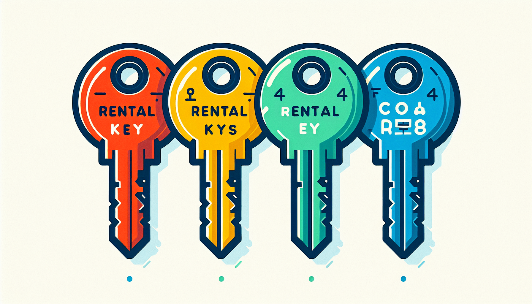 Rental keys in flat illustration style and white background, red #f47574, green #88c7a8, yellow #fcc44b, and blue #645bc8 colors.