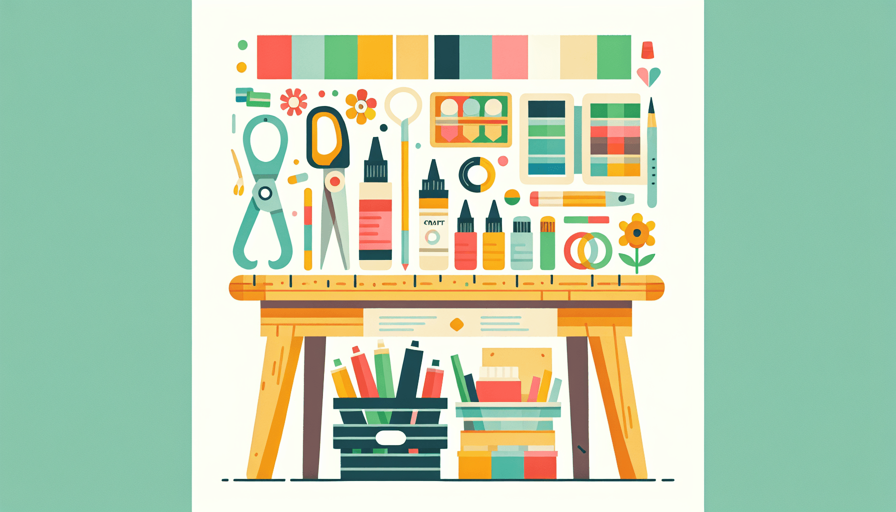 Craft table in flat illustration style and white background, red #f47574, green #88c7a8, yellow #fcc44b, and blue #645bc8 colors.