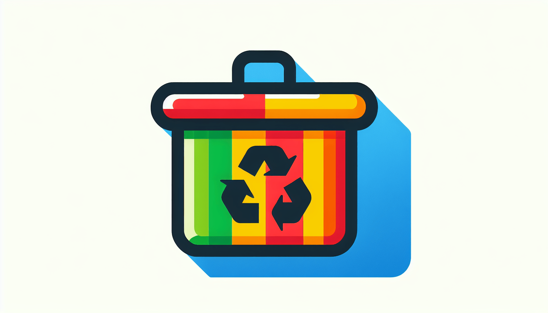 Recycling bin in flat illustration style and white background, red #f47574, green #88c7a8, yellow #fcc44b, and blue #645bc8 colors.