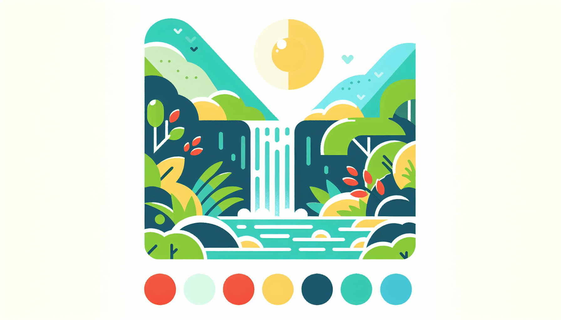Detox -> Cleansing waterfall in flat illustration style and white background, red #f47574, green #88c7a8, yellow #fcc44b, and blue #645bc8 colors.