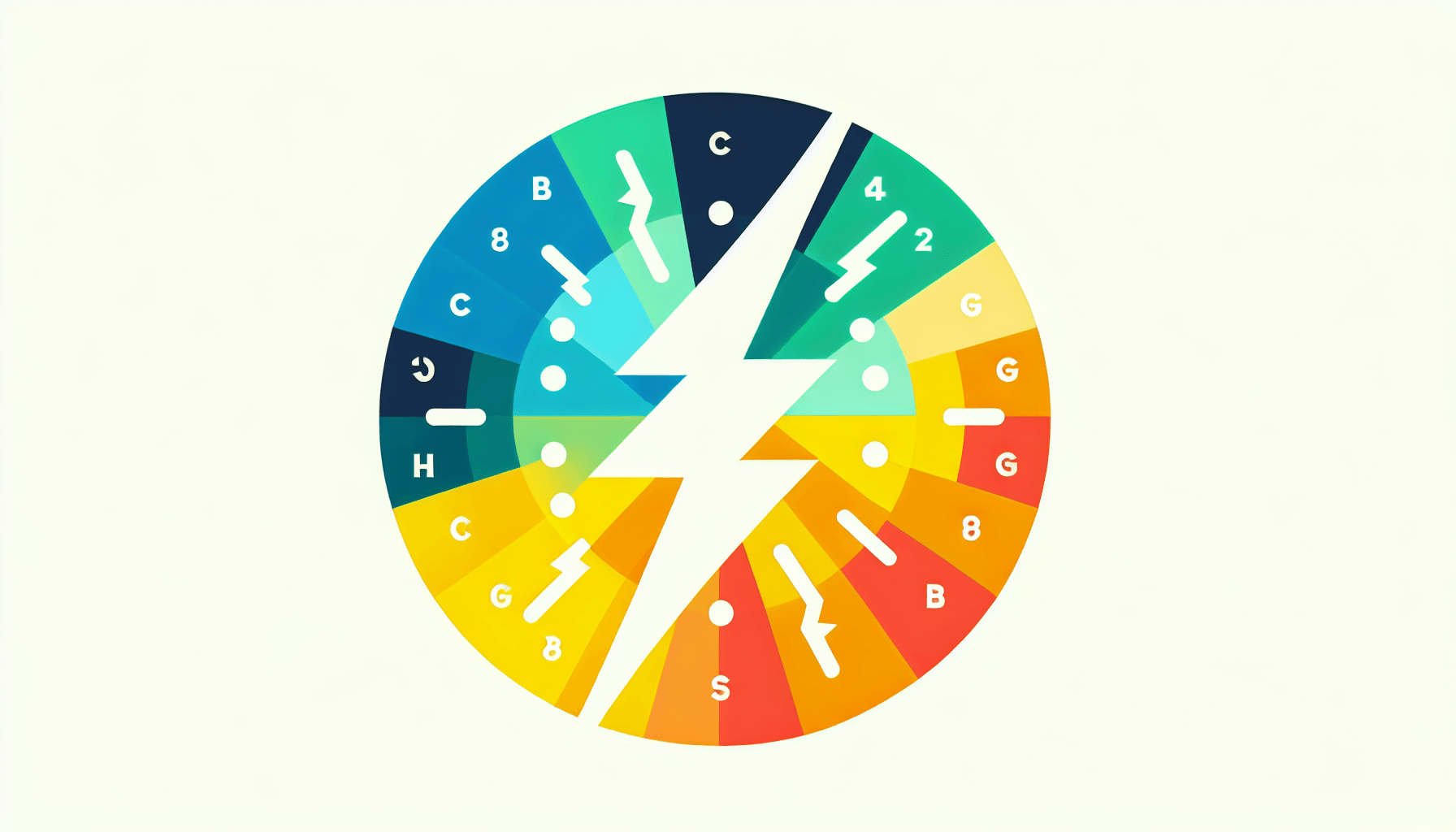 Energy -> Lightning bolt in flat illustration style and white background, red #f47574, green #88c7a8, yellow #fcc44b, and blue #645bc8 colors.