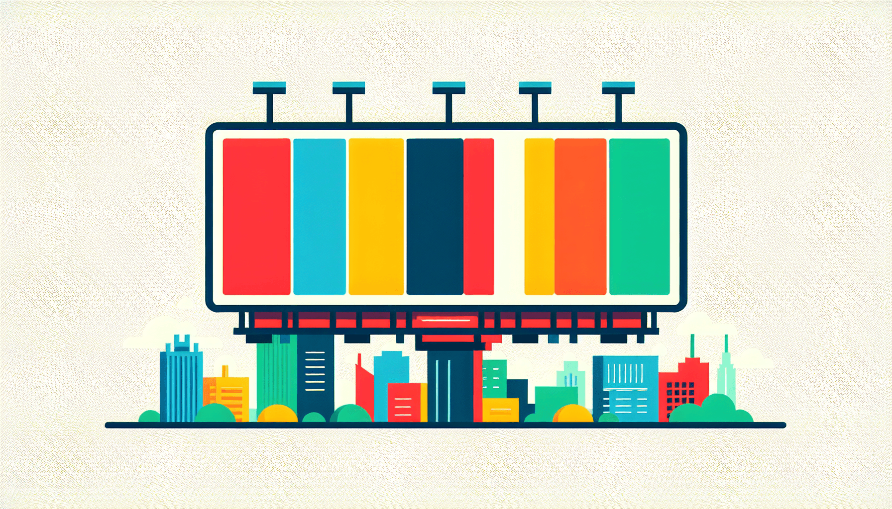 Billboard in flat illustration style and white background, red #f47574, green #88c7a8, yellow #fcc44b, and blue #645bc8 colors.