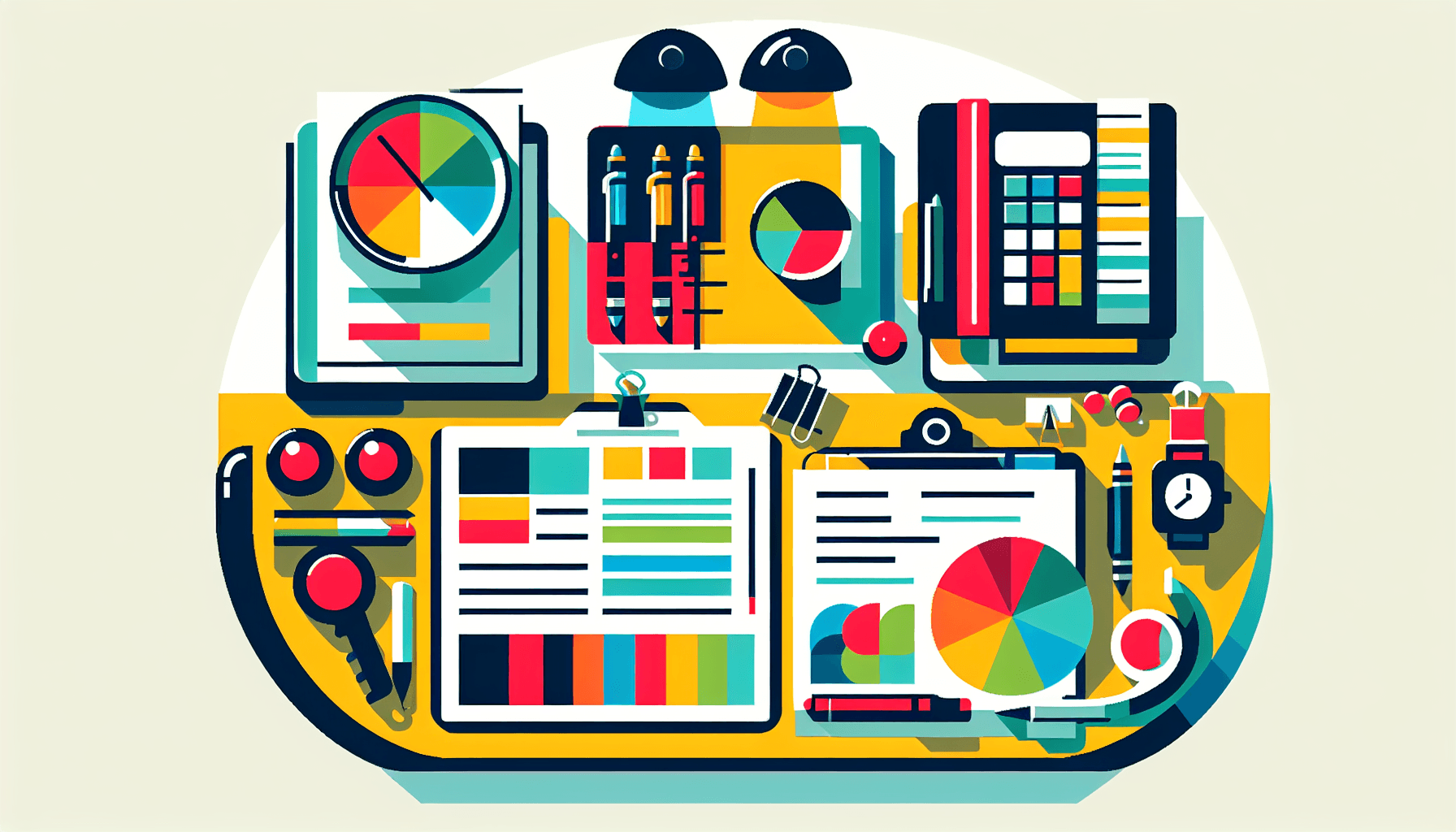 Consulting table in flat illustration style and white background, red #f47574, green #88c7a8, yellow #fcc44b, and blue #645bc8 colors.