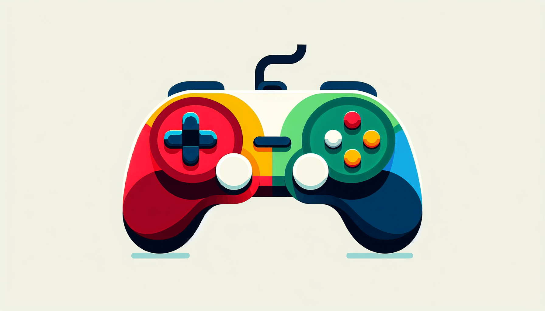 Game controller in flat illustration style and white background, red #f47574, green #88c7a8, yellow #fcc44b, and blue #645bc8 colors.