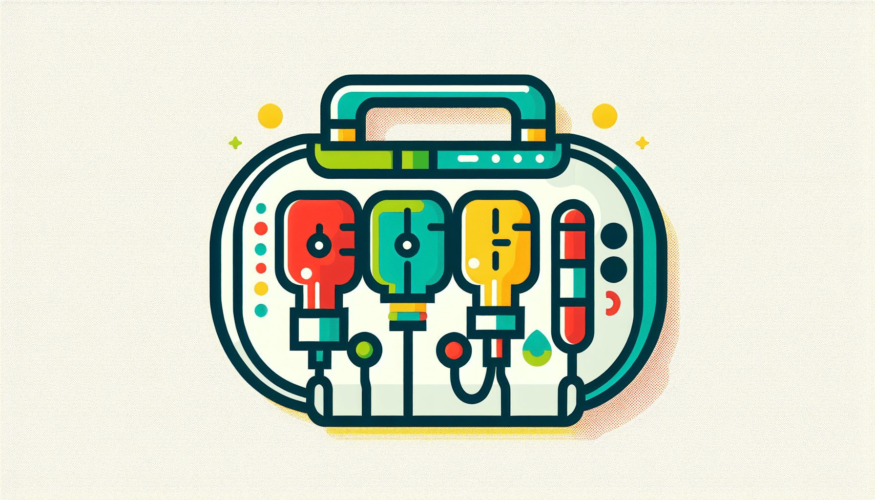 Healthtech -> Medical device in flat illustration style and white background, red #f47574, green #88c7a8, yellow #fcc44b, and blue #645bc8 colors.