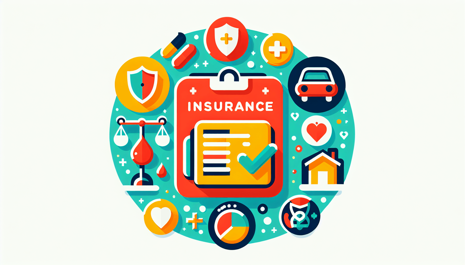 Insurance policy in flat illustration style and white background, red #f47574, green #88c7a8, yellow #fcc44b, and blue #645bc8 colors.