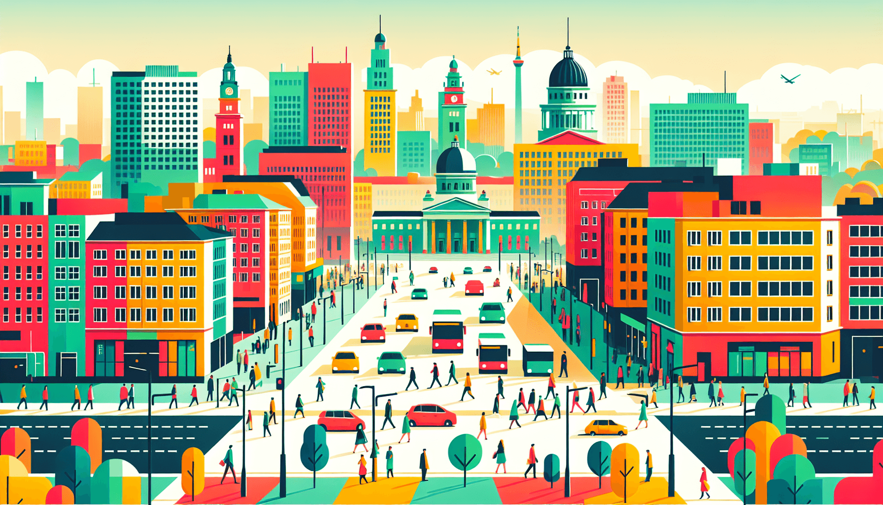 Capital in flat illustration style and white background, red #f47574, green #88c7a8, yellow #fcc44b, and blue #645bc8 colors.