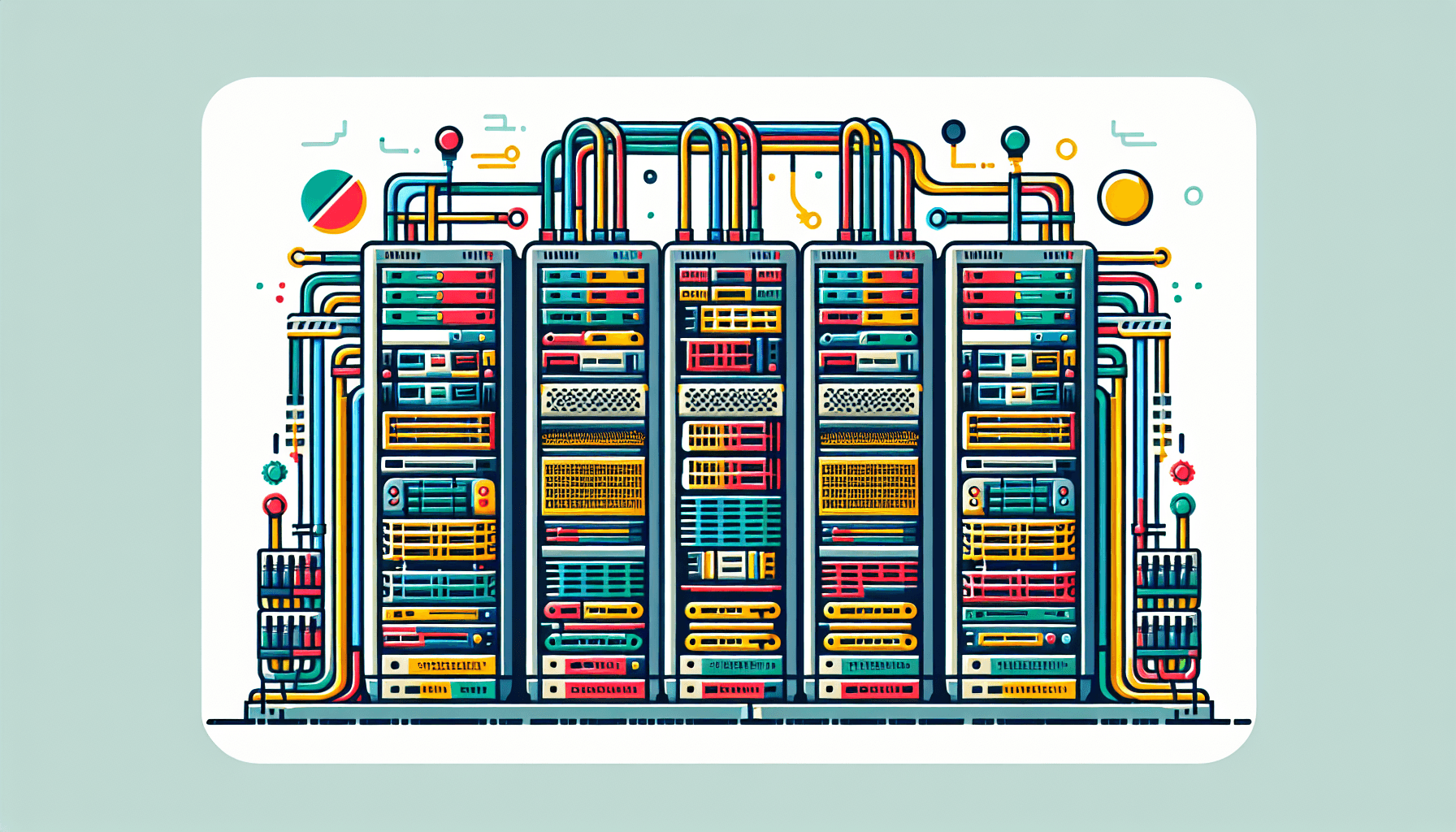 Information technology -> Server rack in flat illustration style and white background, red #f47574, green #88c7a8, yellow #fcc44b, and blue #645bc8 colors.