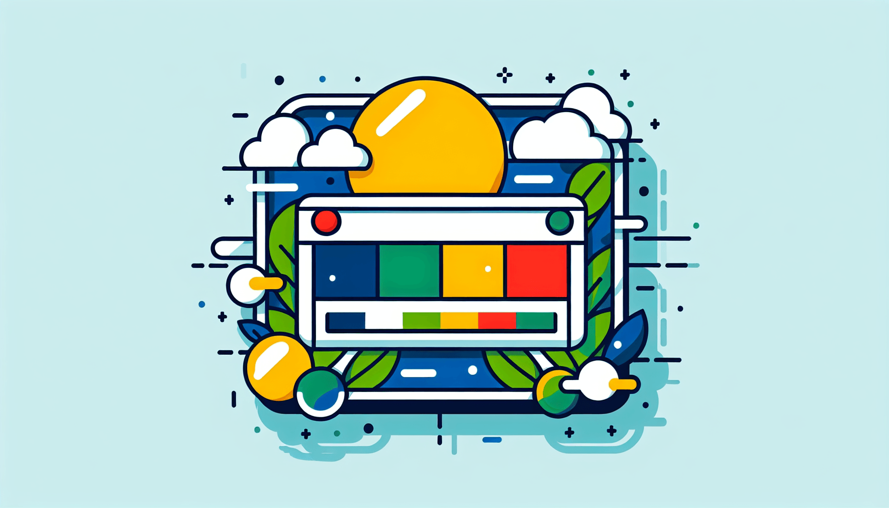 Internet marketing -> Search bar in flat illustration style and white background, red #f47574, green #88c7a8, yellow #fcc44b, and blue #645bc8 colors.