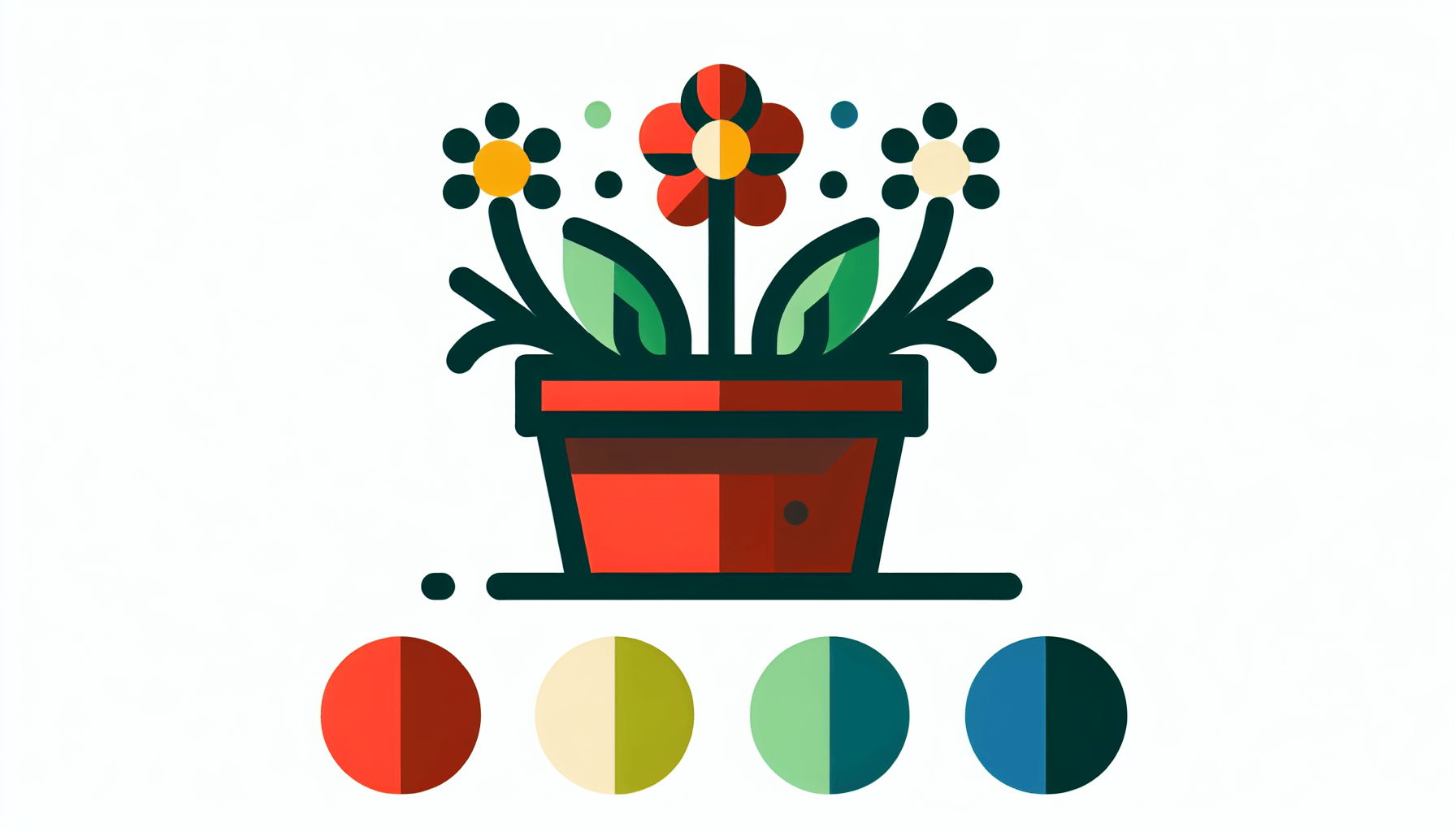 Flower pot in flat illustration style and white background, red #f47574, green #88c7a8, yellow #fcc44b, and blue #645bc8 colors.