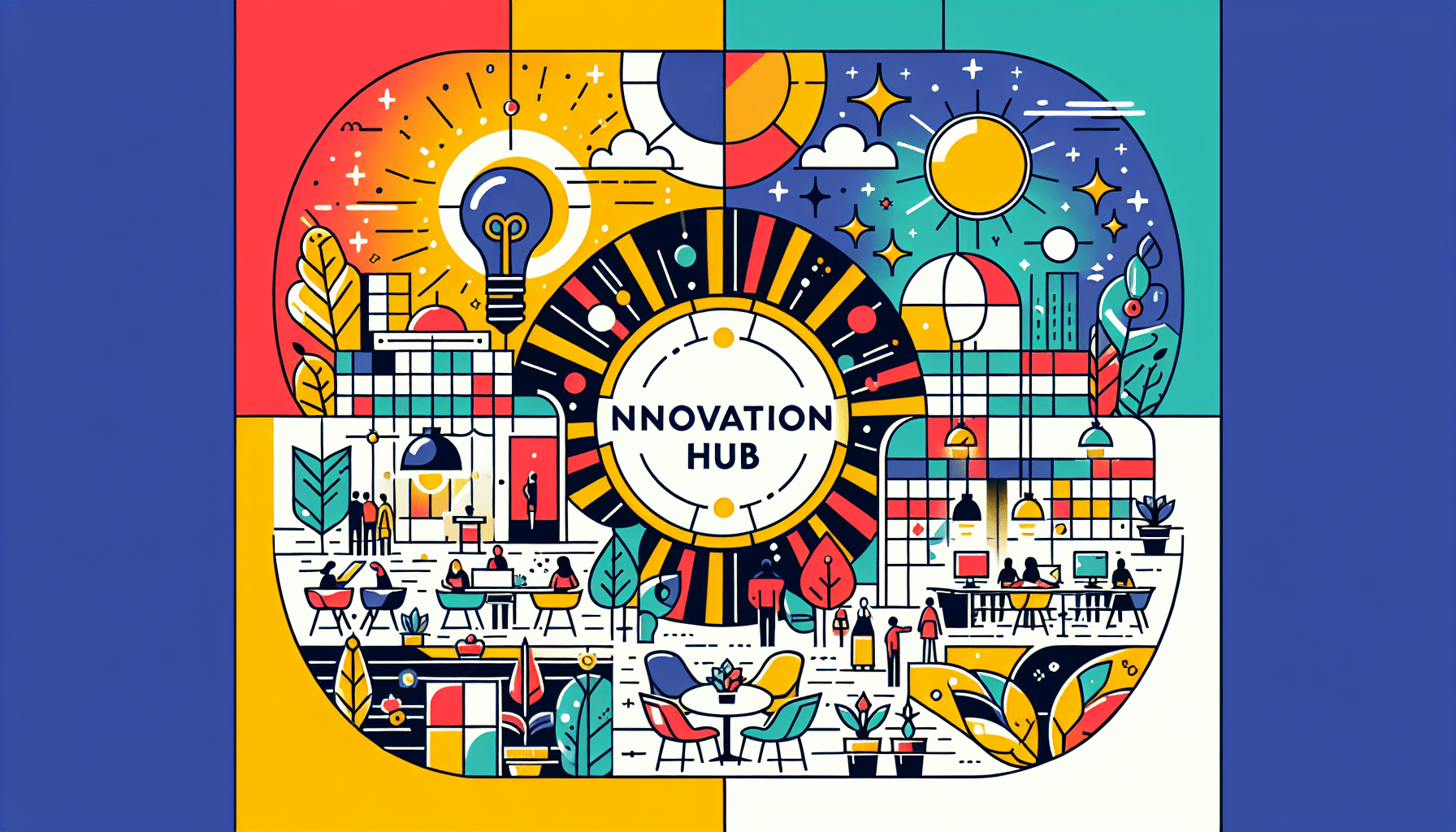 Innovation hub in flat illustration style and white background, red #f47574, green #88c7a8, yellow #fcc44b, and blue #645bc8 colors.
