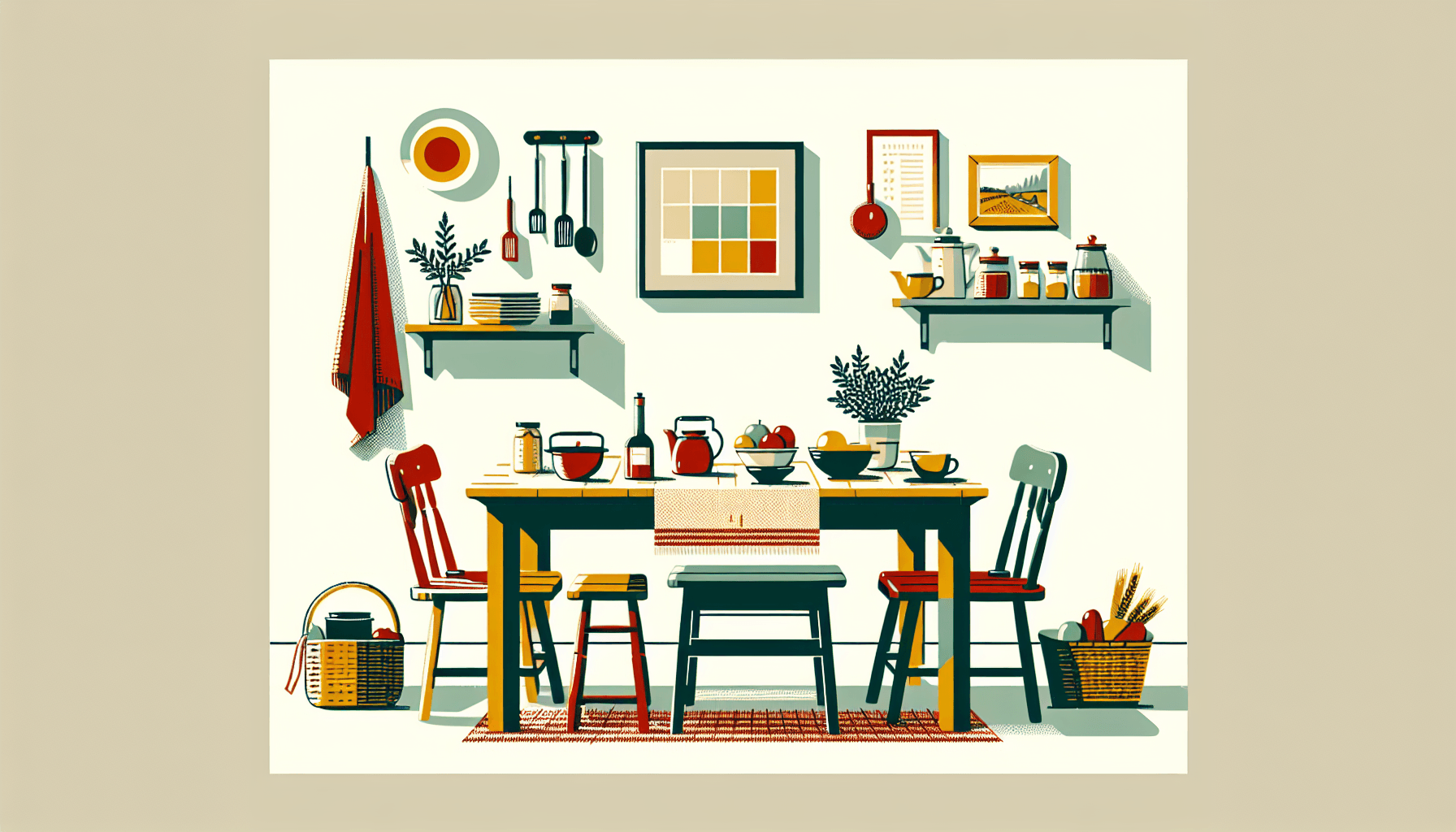 Home-based -> Kitchen table in flat illustration style and white background, red #f47574, green #88c7a8, yellow #fcc44b, and blue #645bc8 colors.