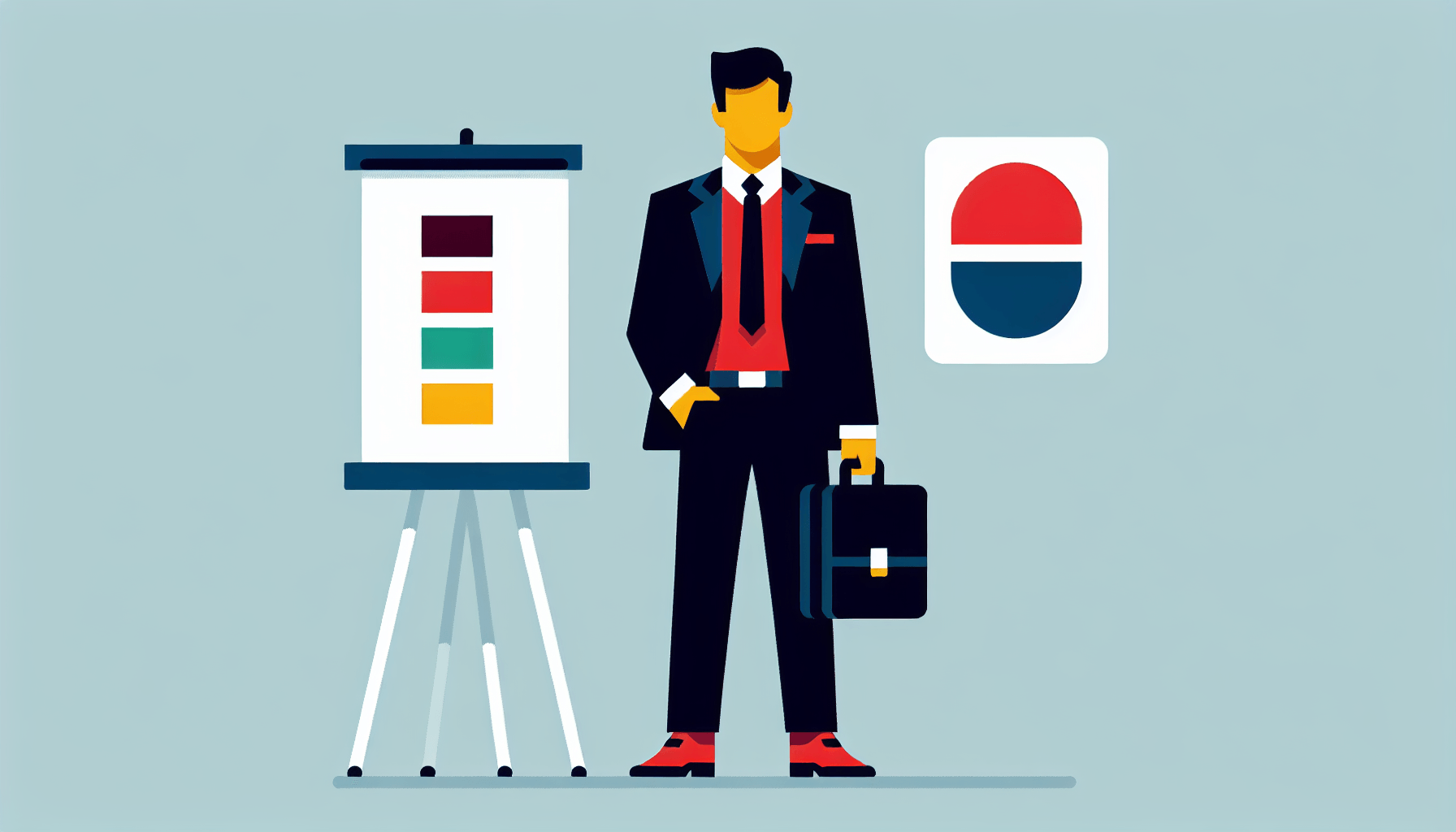 Consultant in flat illustration style and white background, red #f47574, green #88c7a8, yellow #fcc44b, and blue #645bc8 colors.